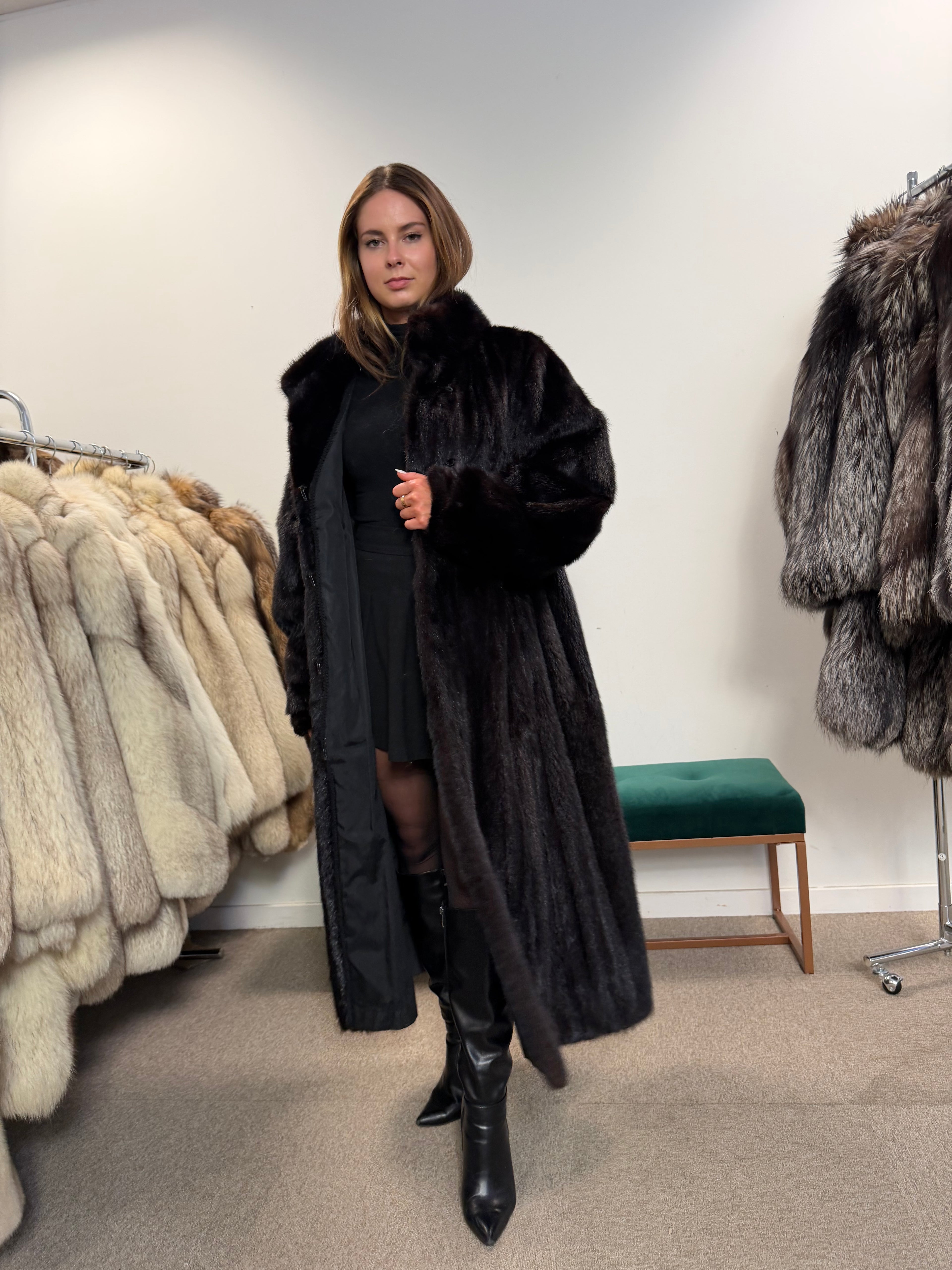 Mink Fur Coat, Black Brown, Full Length, Size XL