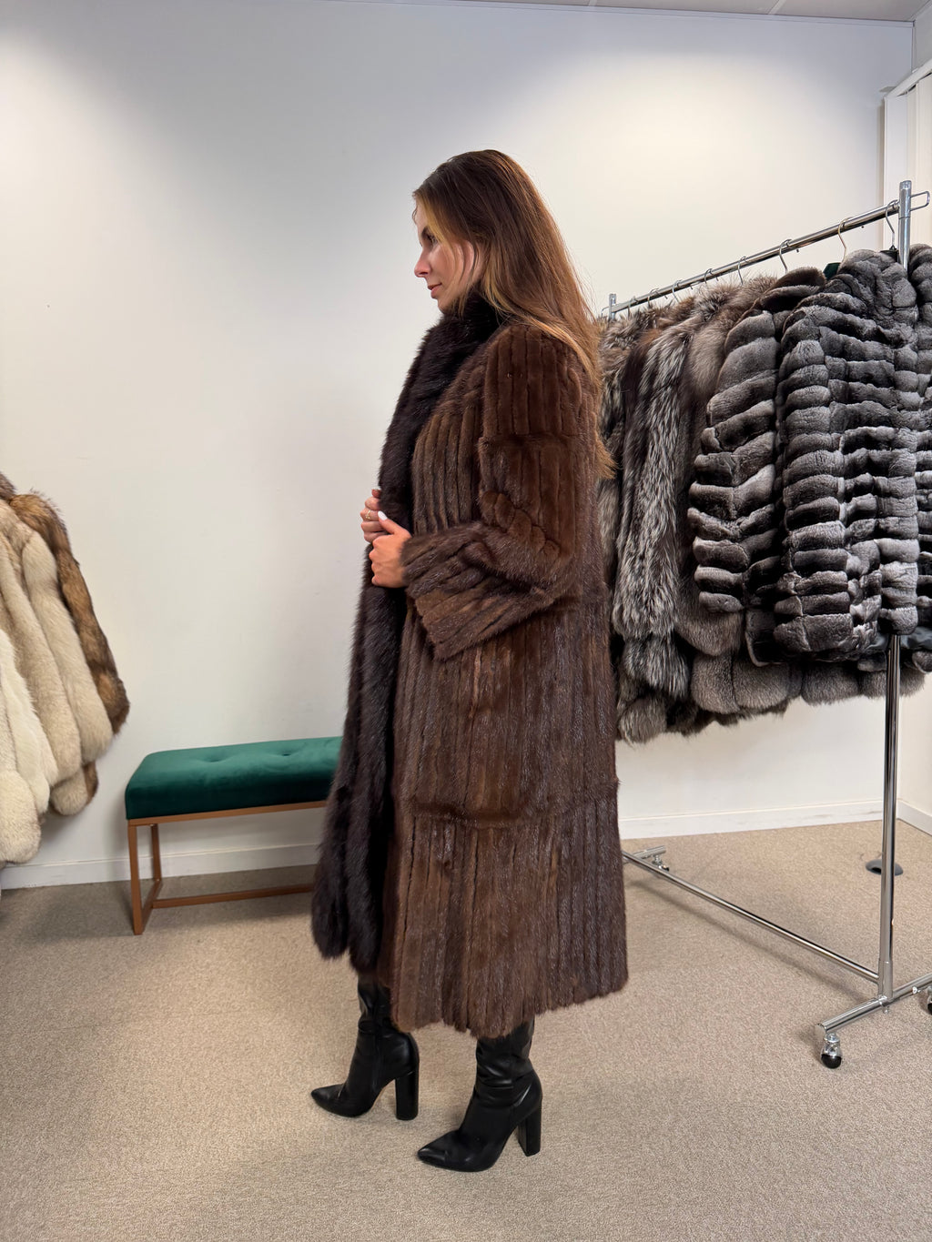 Brown Mink Fur Coat, Fox Collar, Size M