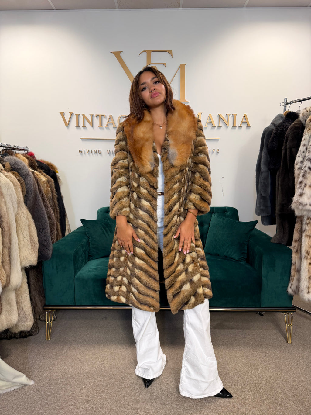 Hamster Fur Coat with Red Fox Collar, Medium, Rare Luxury
