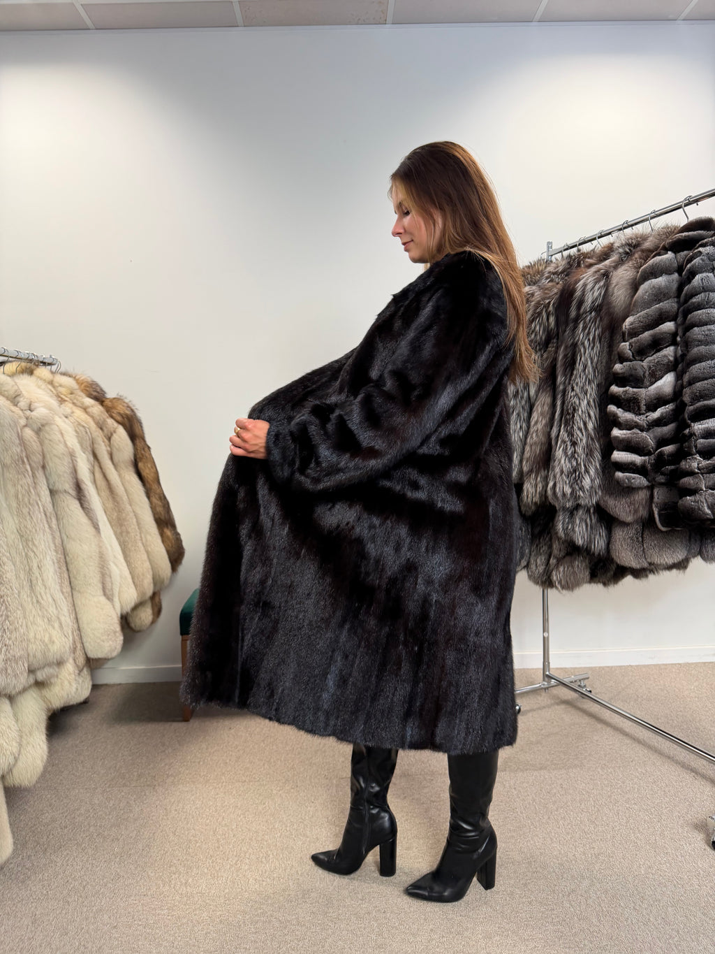 Mink Fur Coat, Dark Brown, Size M