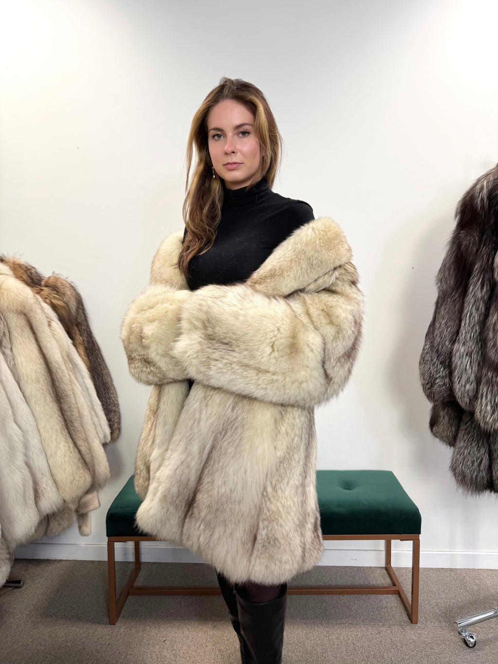 White Nordic Arctic Fox Fur Coat, Size L
