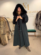 Blue & Black Mink-Lined Overcoat, XL, Hooded, Fox Collar