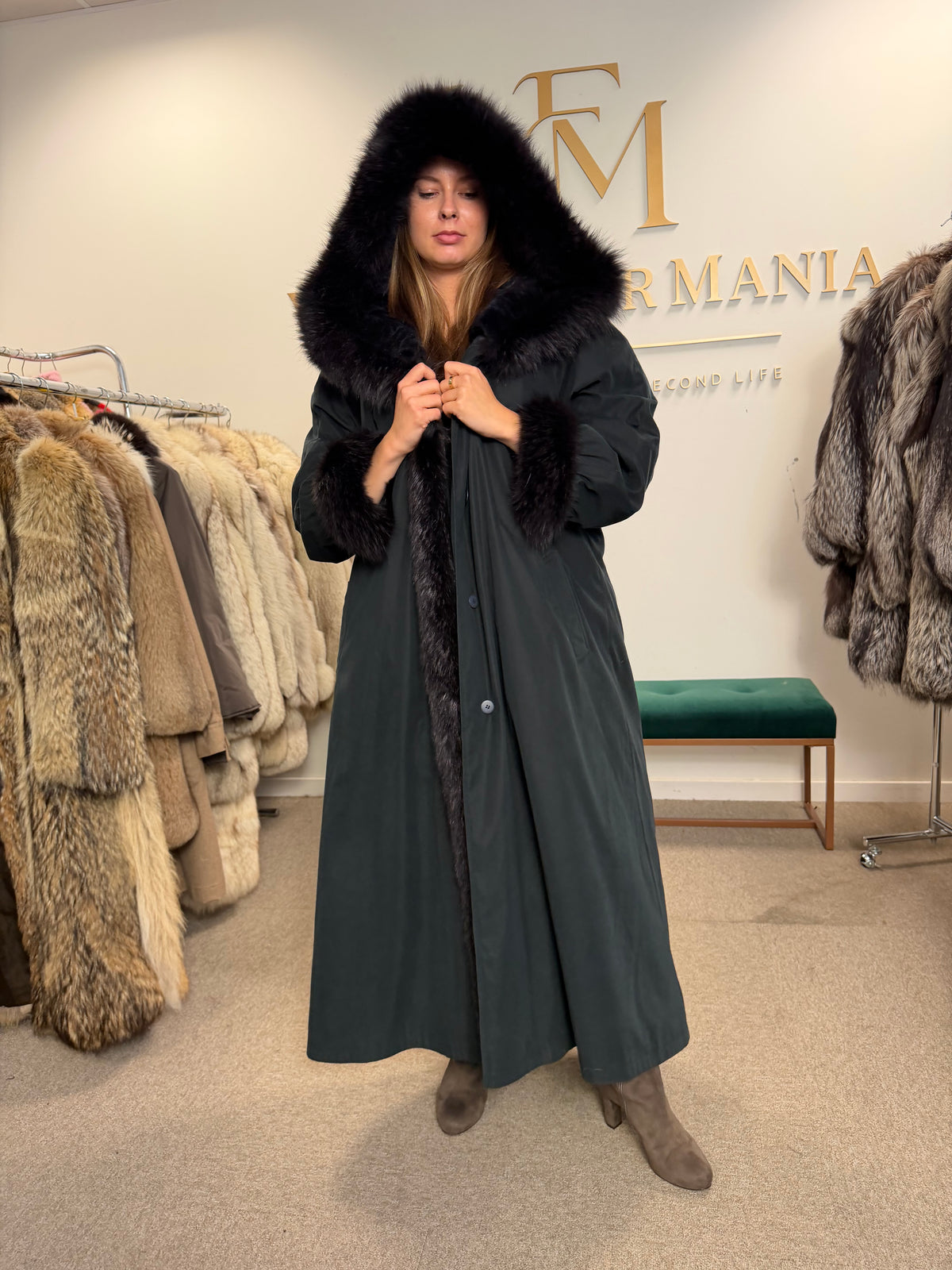 Blue & Black Mink-Lined Overcoat, XL, Hooded, Fox Collar