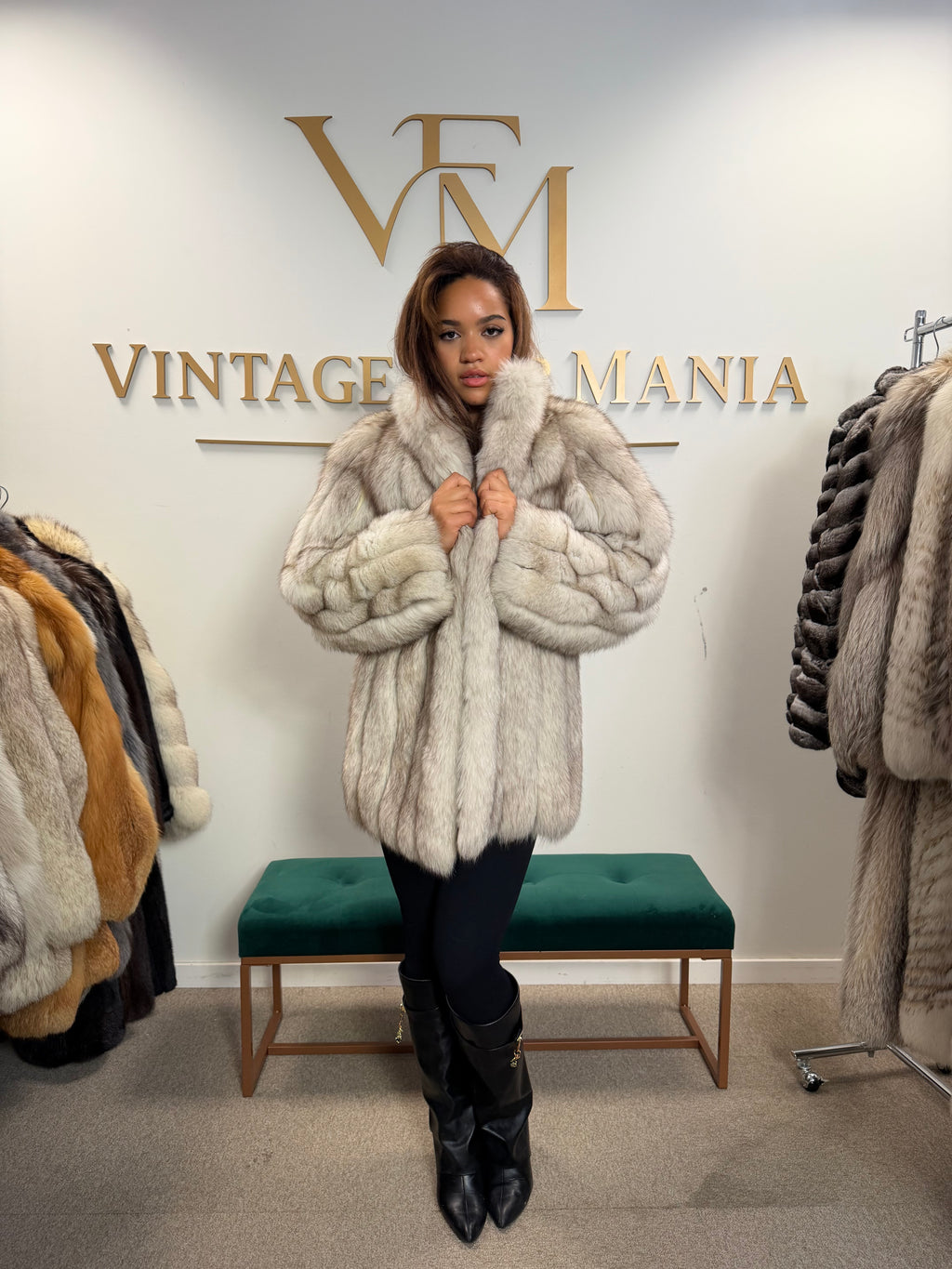 White Blue Fox Fur Jacket, Short and Soft, Medium