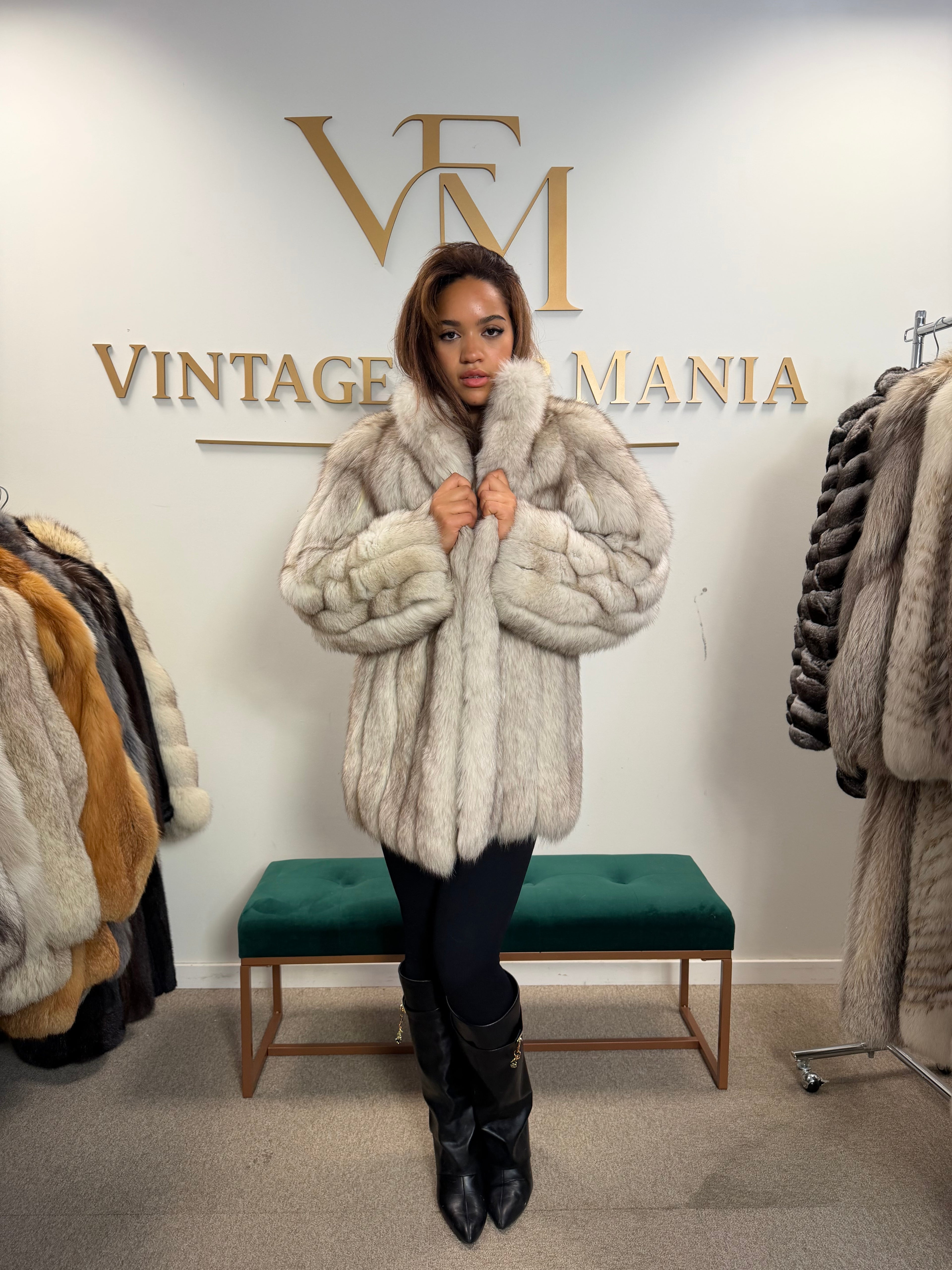 White Blue Fox Fur Jacket, Short and Soft, Medium