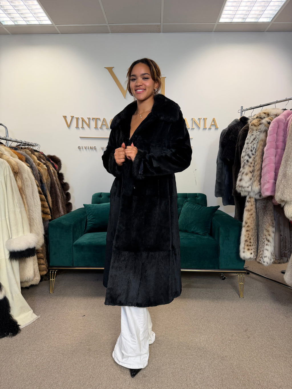 Black Sheared Rabbit Fur Coat, Small, Full Length