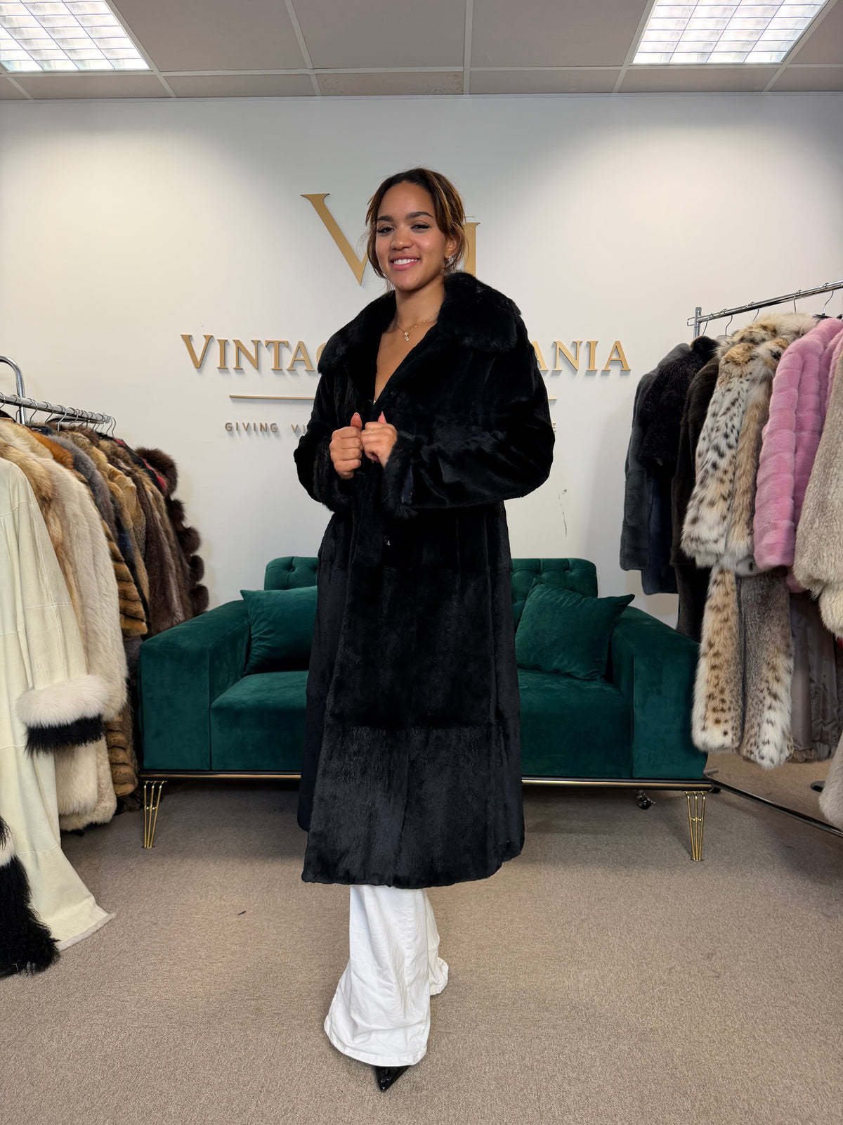 Black Sheared Rabbit Fur Coat, Small, Full Length