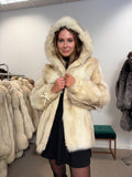 White Fox Fur Jacket, Hooded, Size M