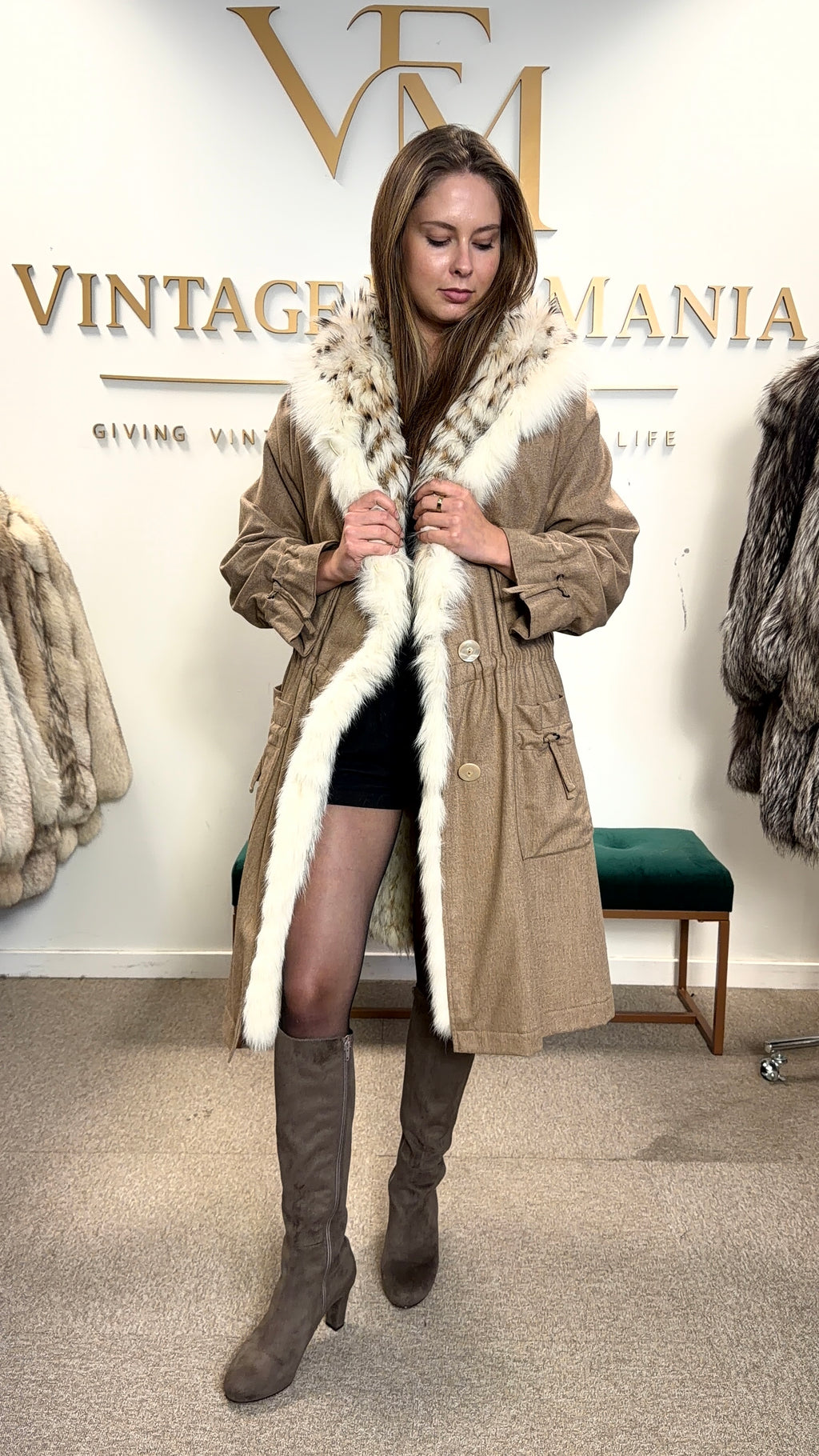 Light Beige Finn Raccoon Fur-Lined Overcoat, Medium