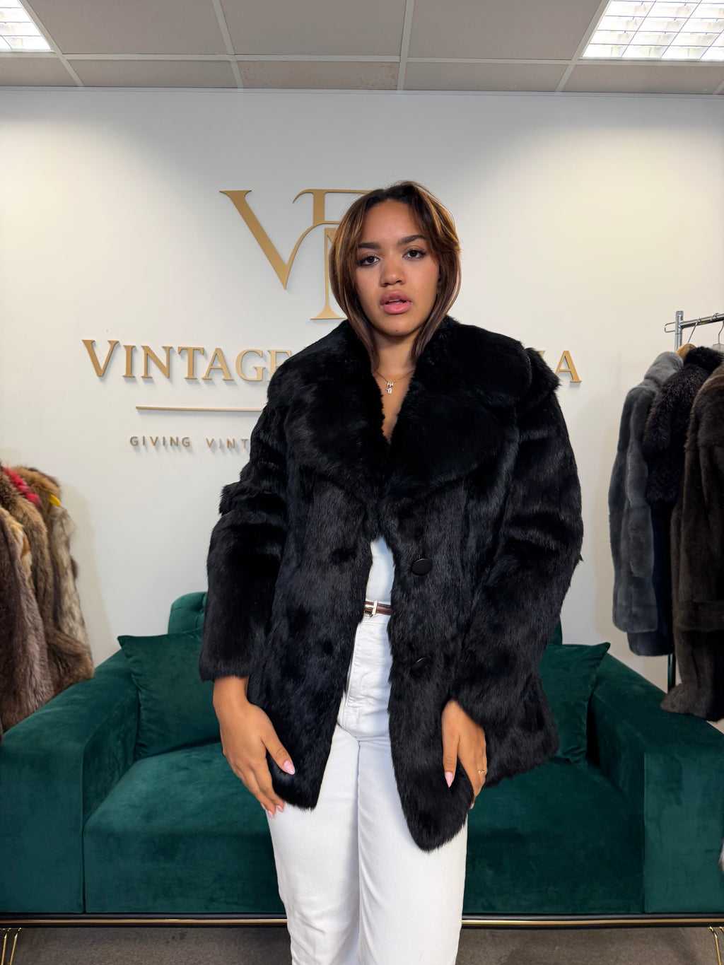 Black Rabbit Fur Coat, Medium