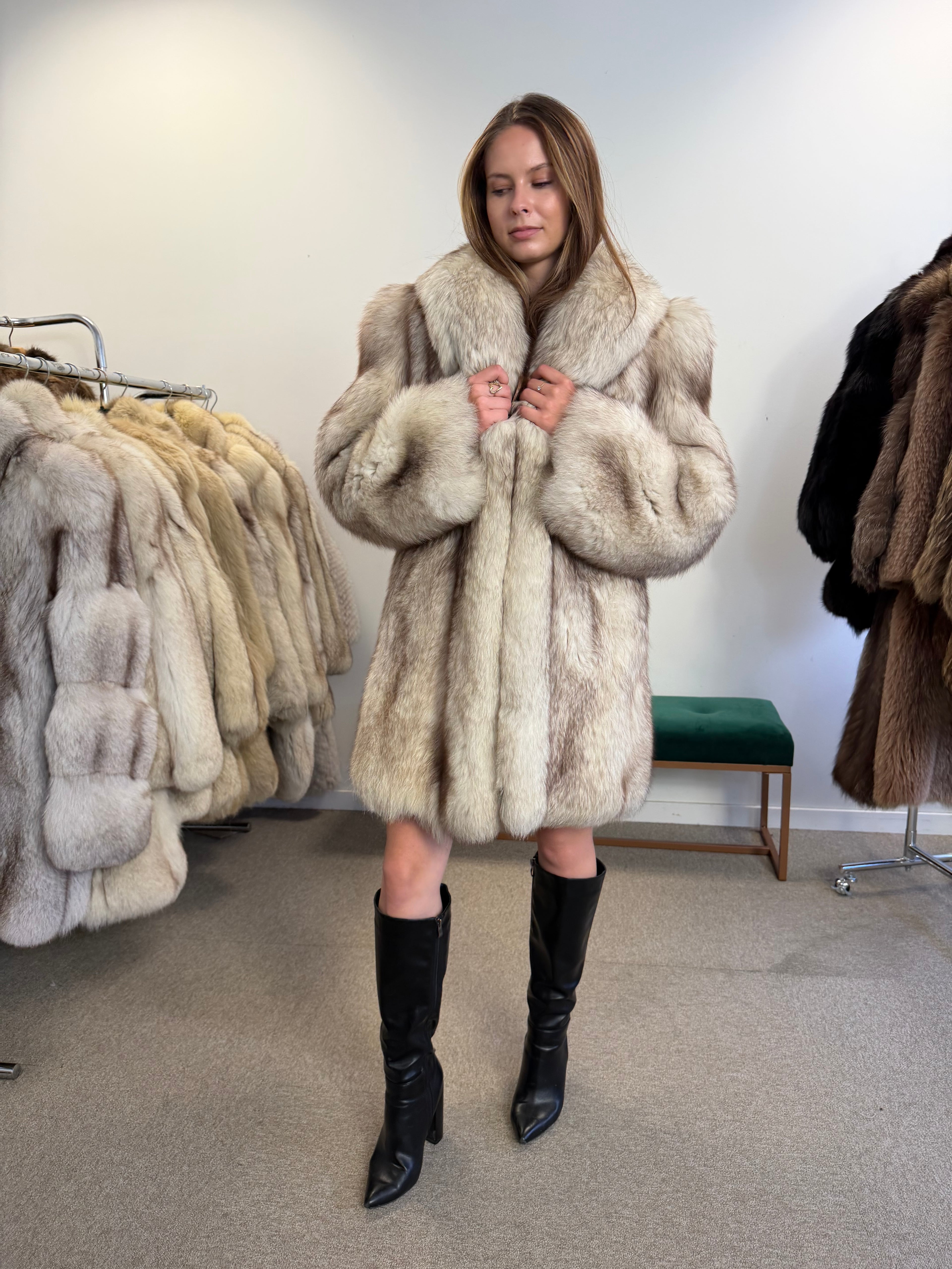 Blue Fox Fur Coat, Size M