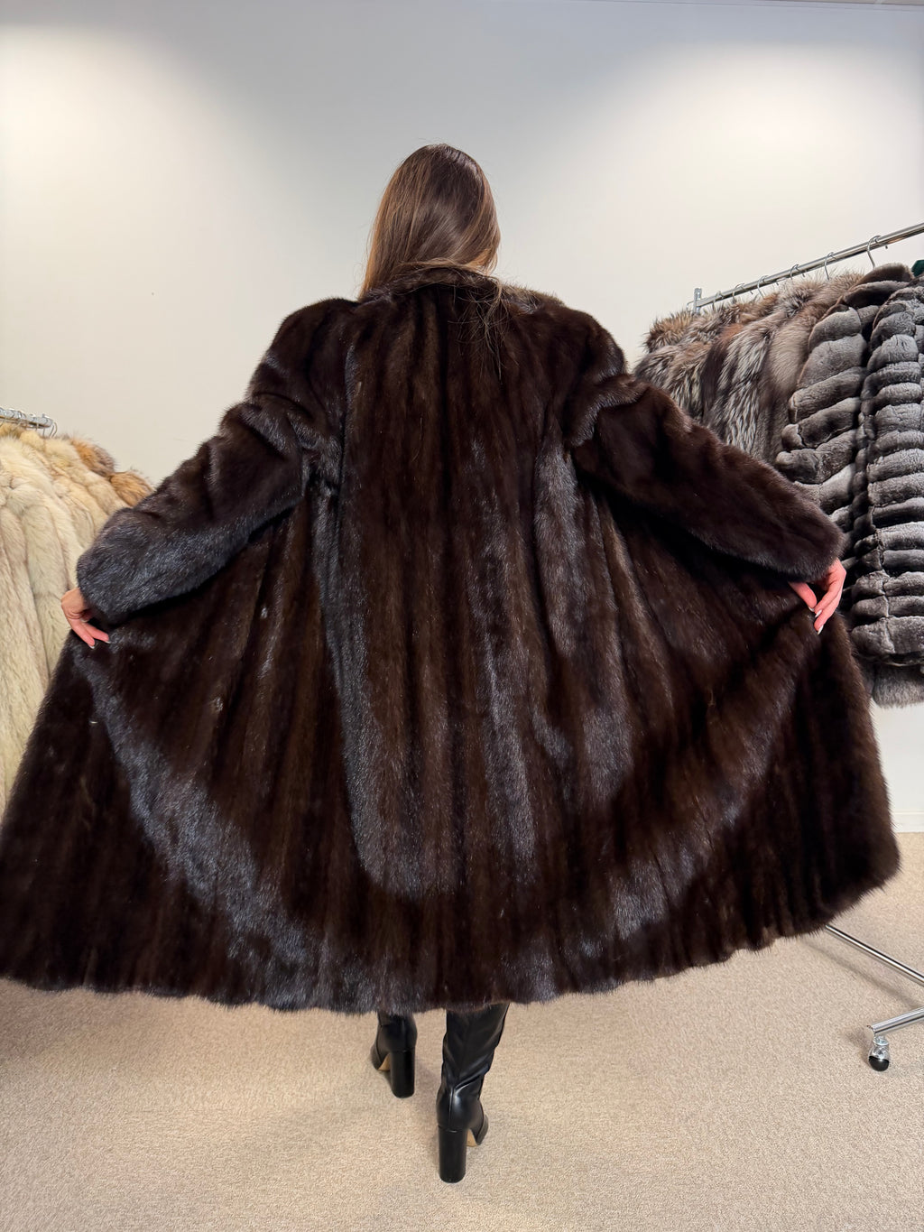 Mink Fur Coat, Dark Brown, Size M