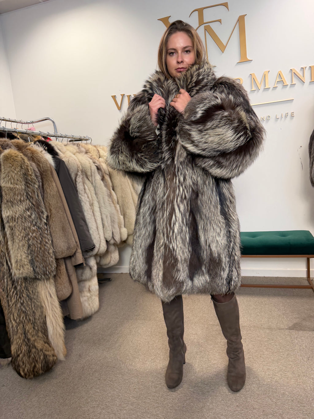 Silver Fox Fur Coat, XL, Super Fluffy