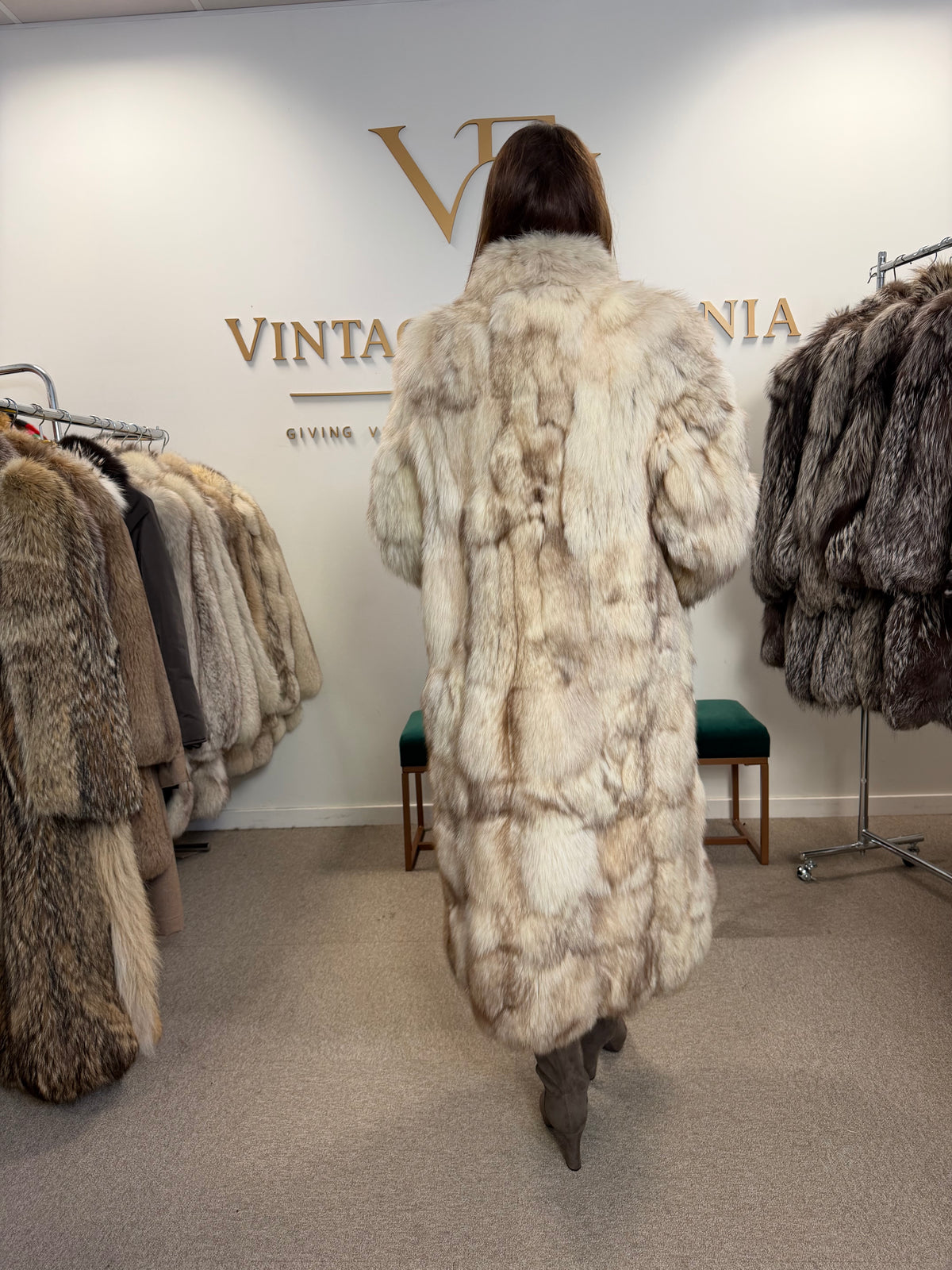White Fox Fur Coat, Full Length, Pieced, Slim Medium