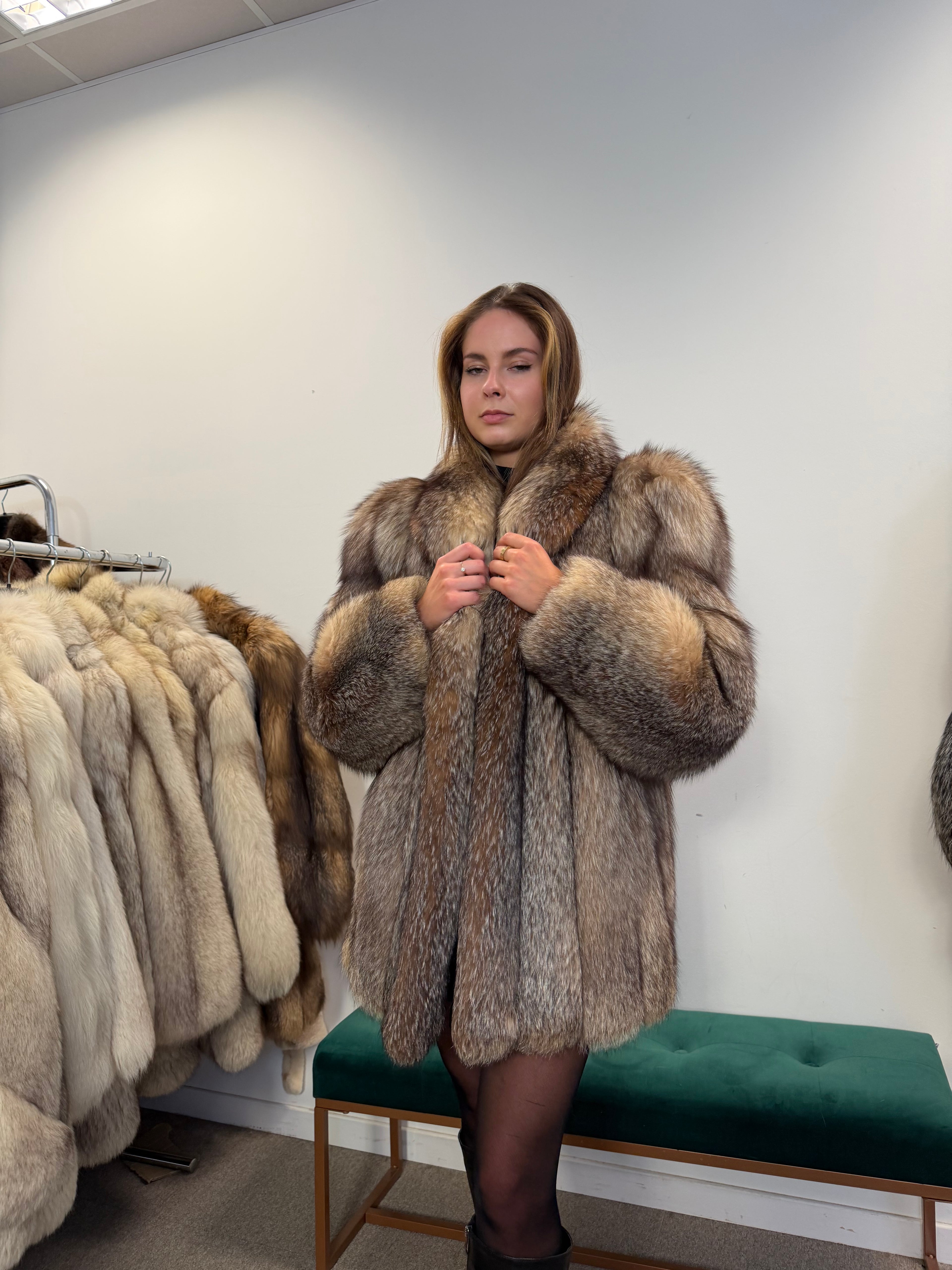 Crystal Fox Real Fur Coat, Size L, Frost White