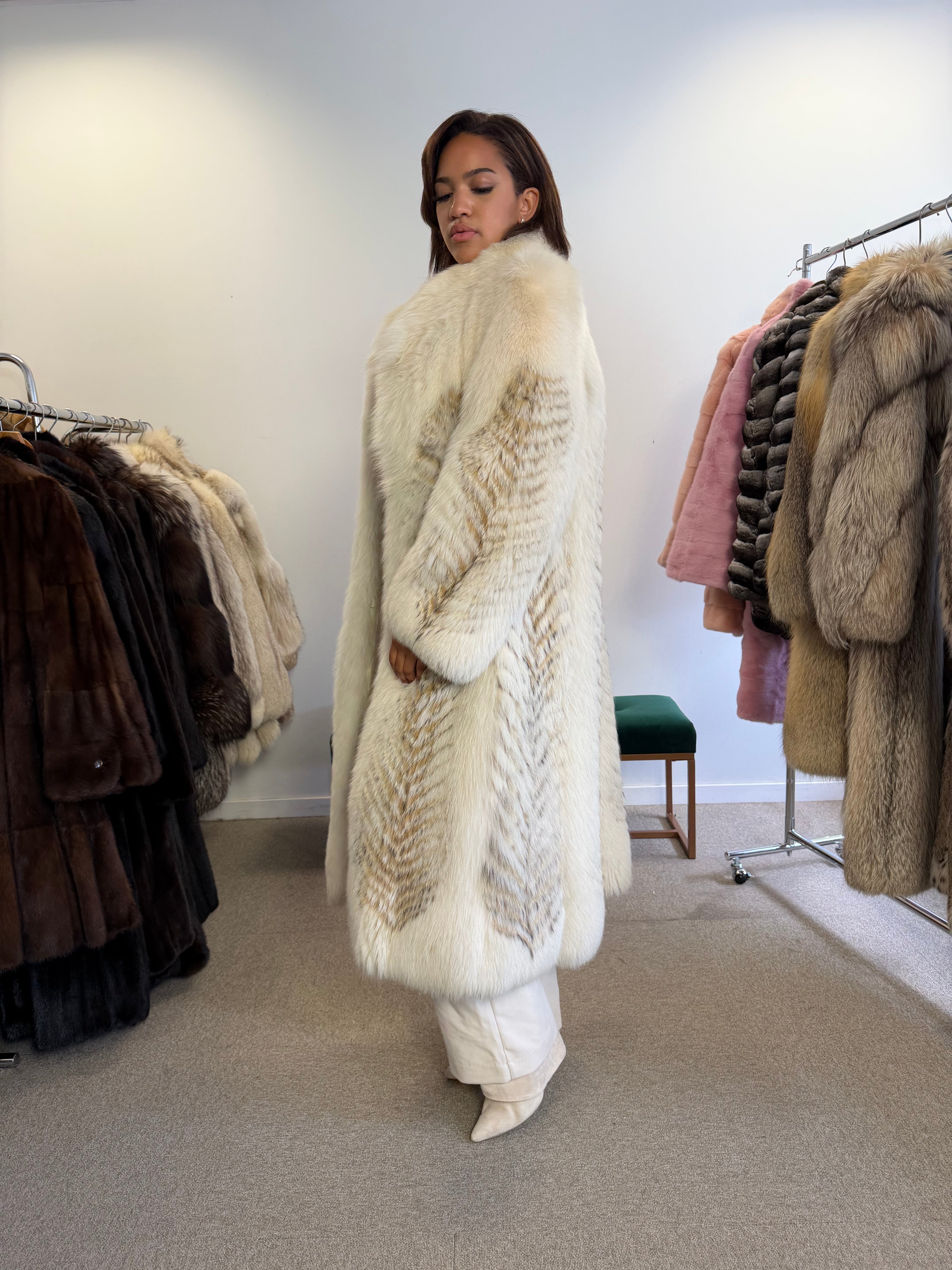 Fox Fur Coat, White with Finn Raccoon, Size M