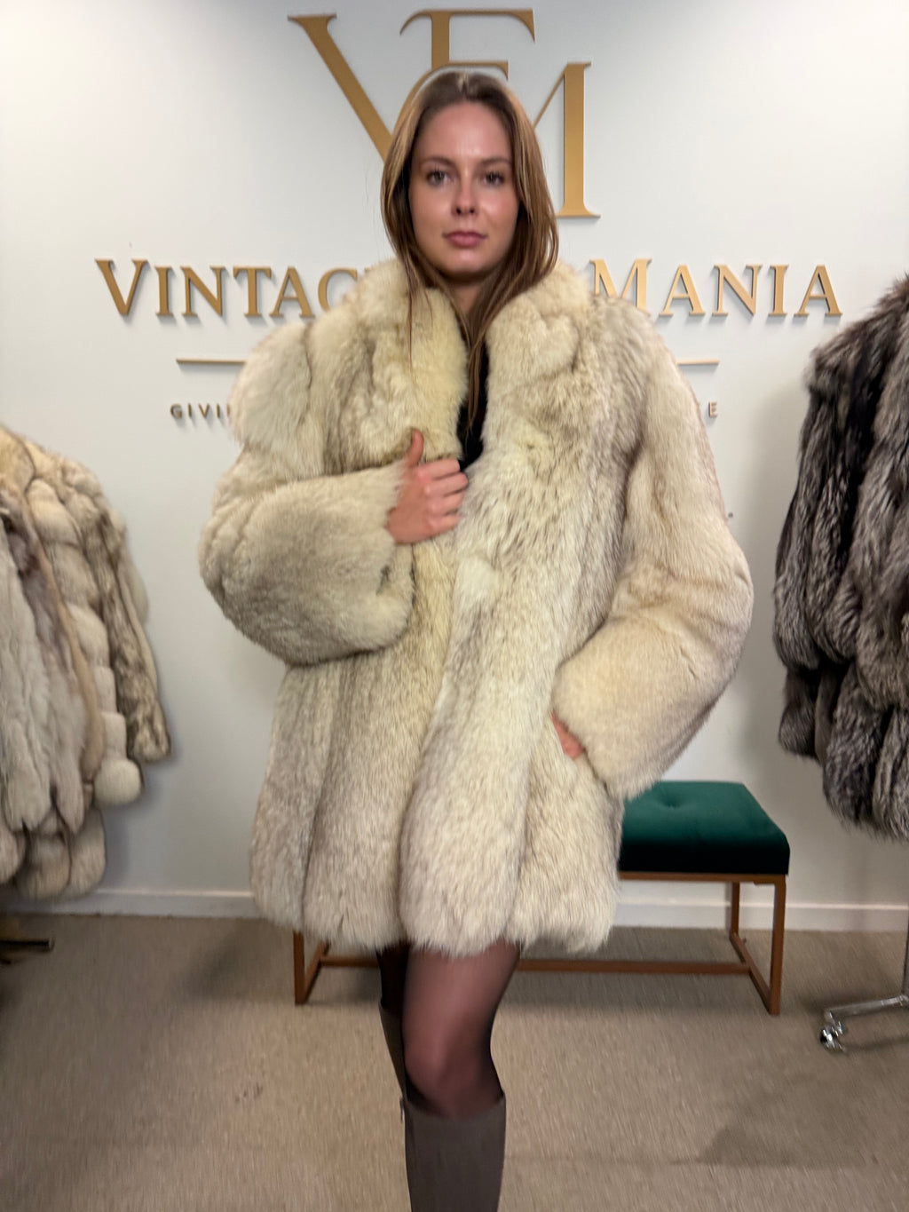 White Fox Fur Coat, Medium, Outlet