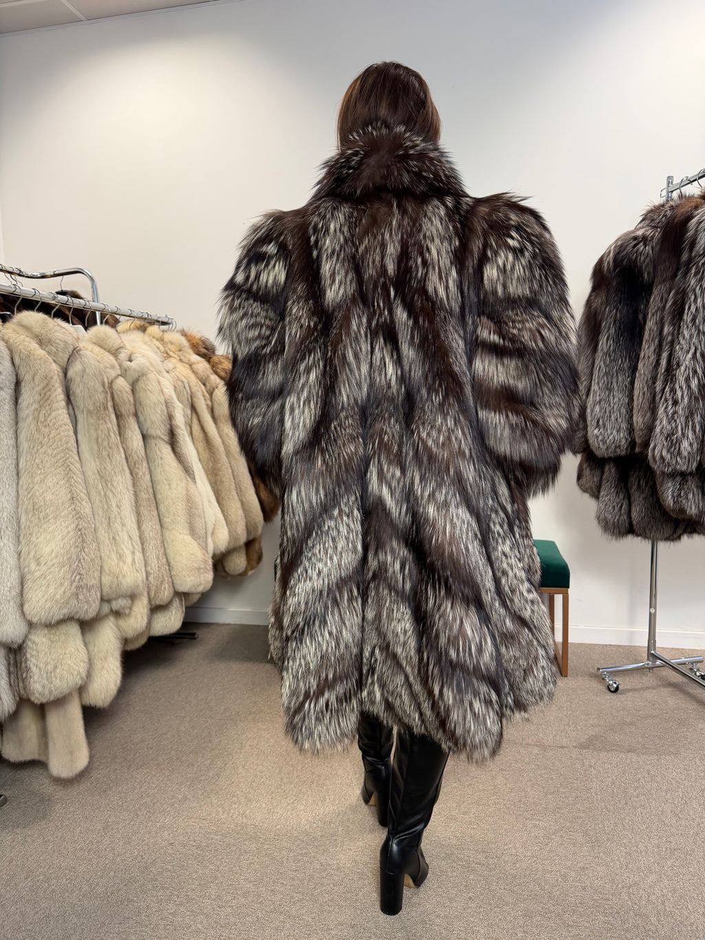 Silver Fox Real Fur Coat, Size XXL, Full Length Shawl Collar