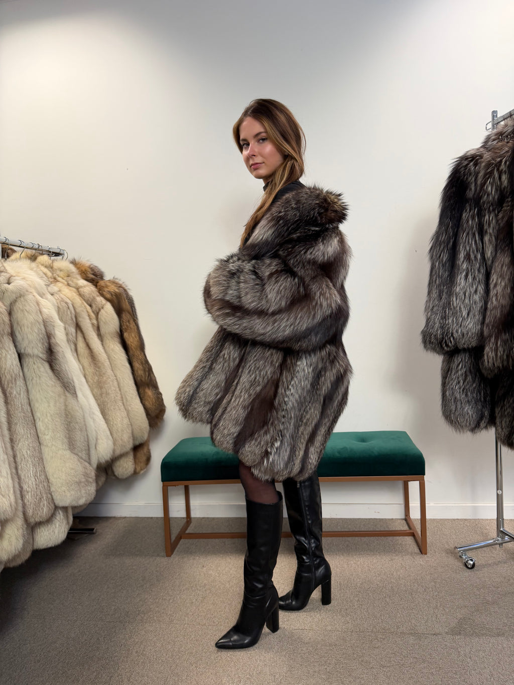 Silver Fox Real Fur Coat, Size L, Stand Up Collar
