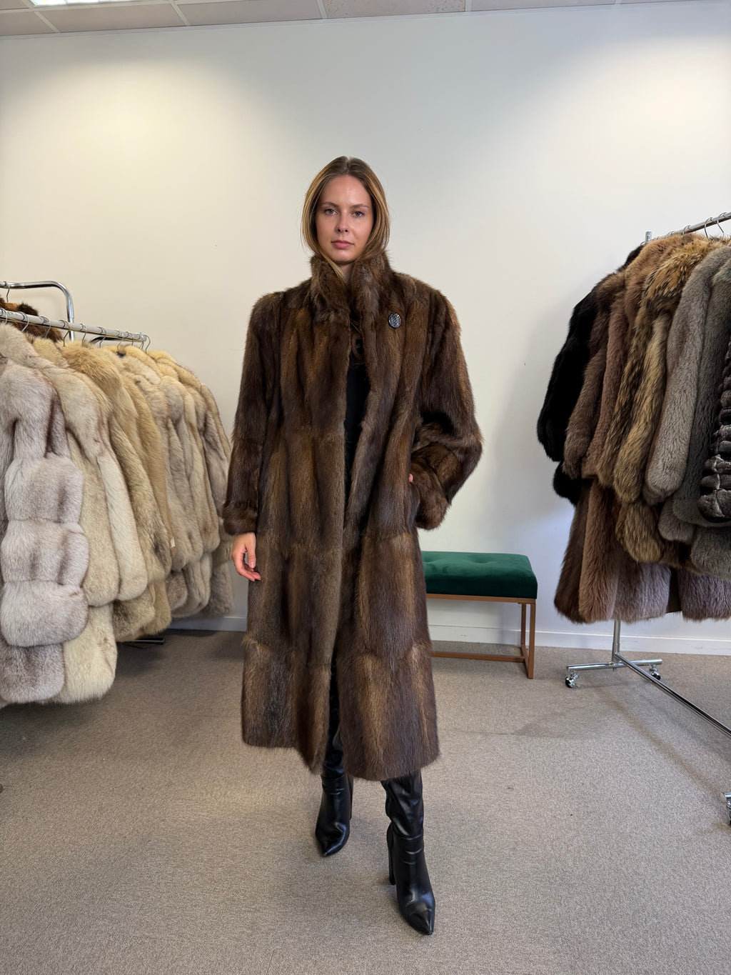Brown Beaver Fur Coat, Full Length, XL Fits M to L