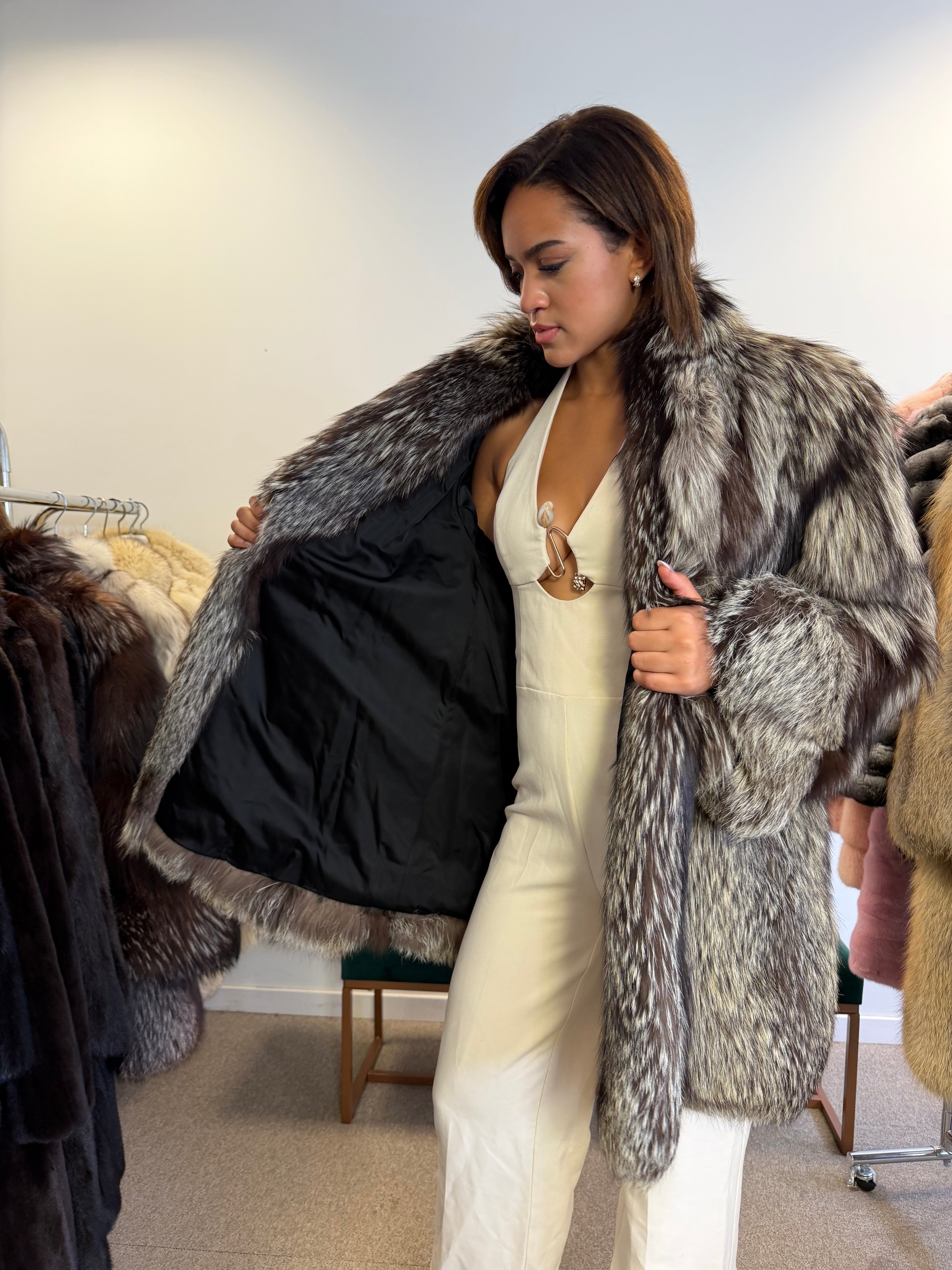 Silver Fox Fur Coat, Bright, Size L