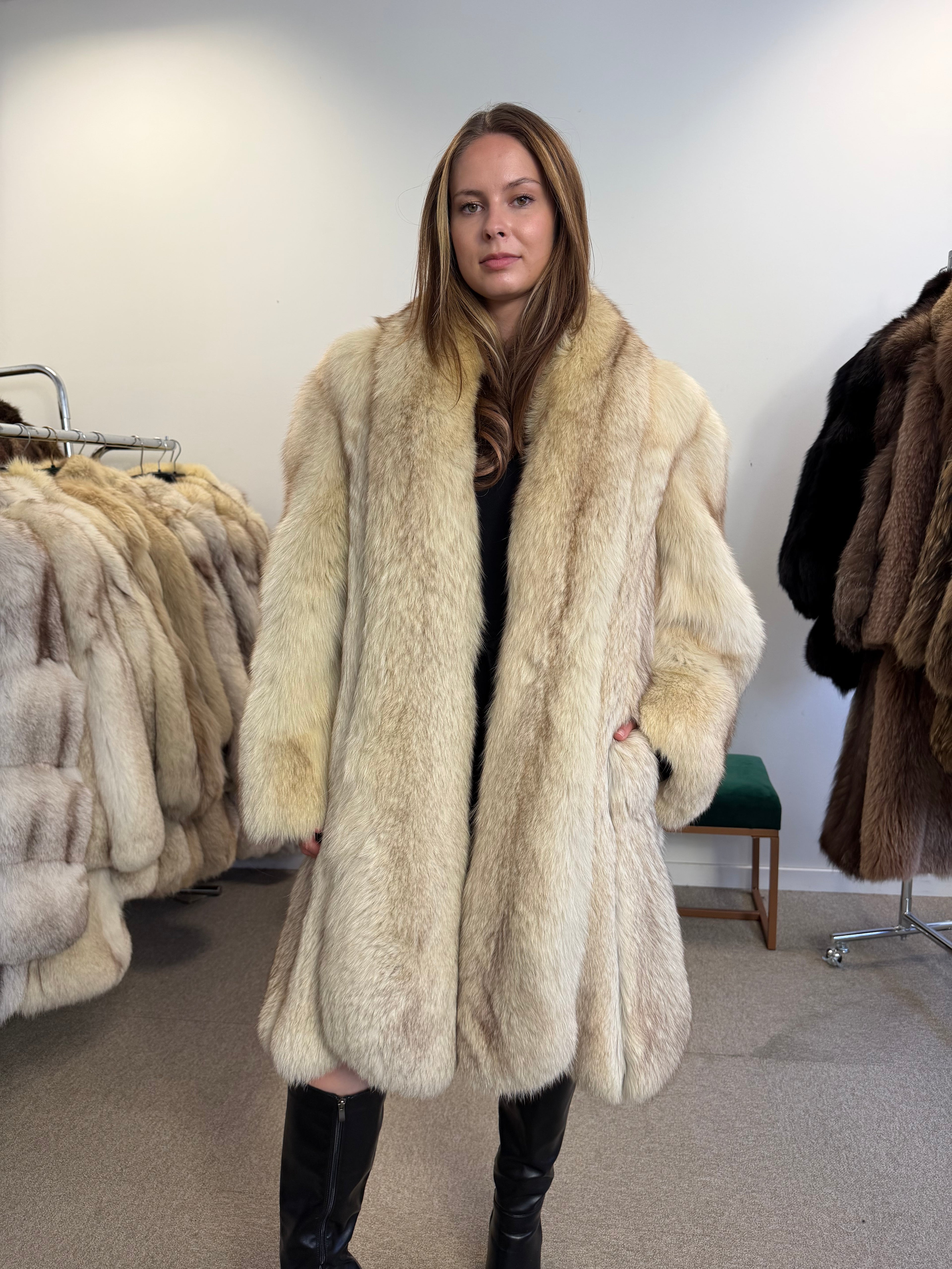 Fox Fur Coat, White Nordic, Fur Collar, Size XL