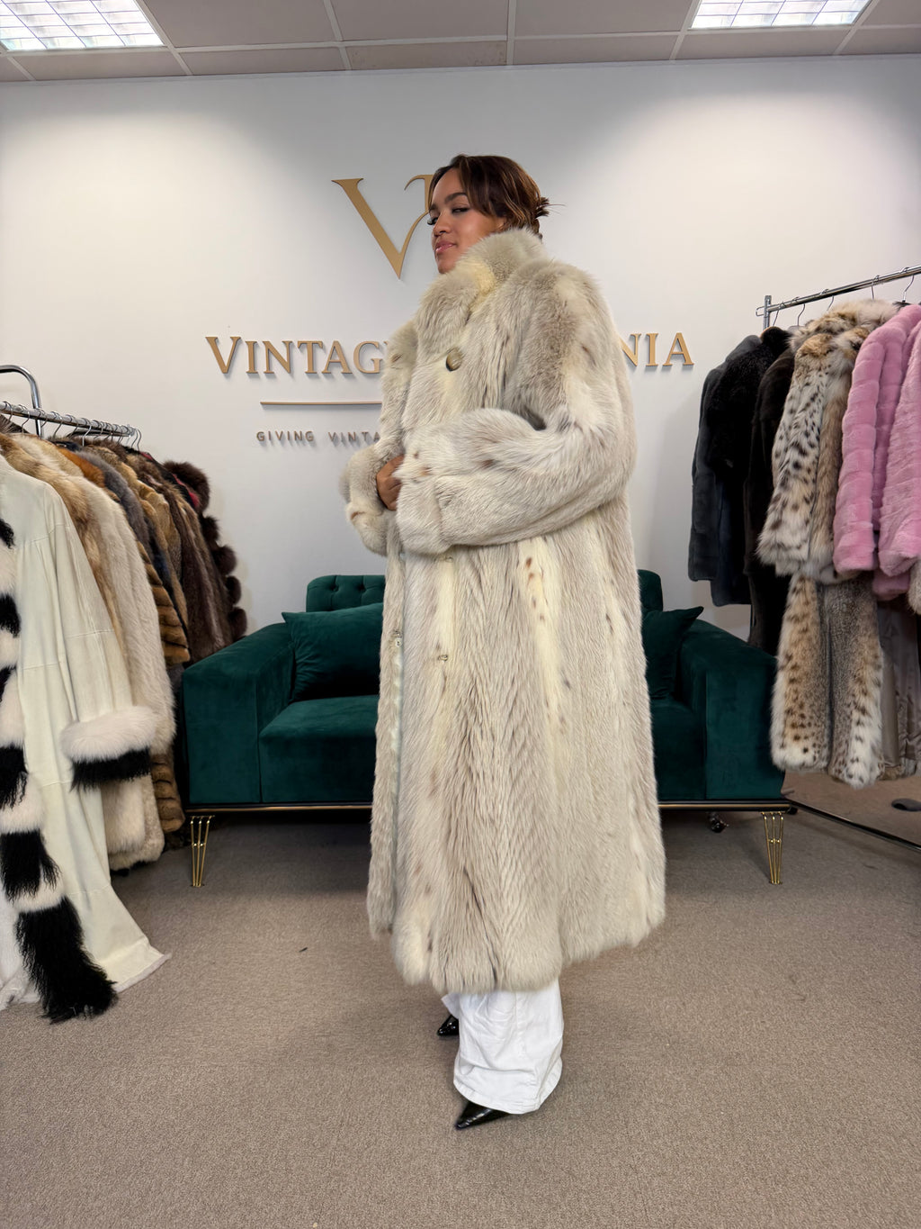 White Lynx Fox Fur Coat, Large, Full Length