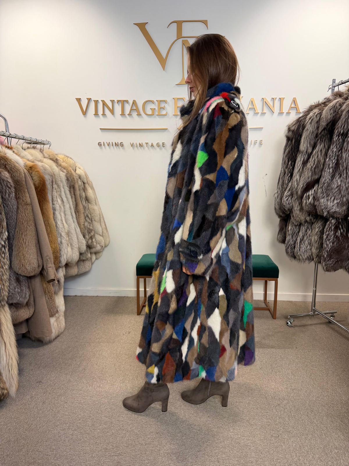 Mixed Colour Dyed Mink Fur Coat, XL, Full Length, Belted