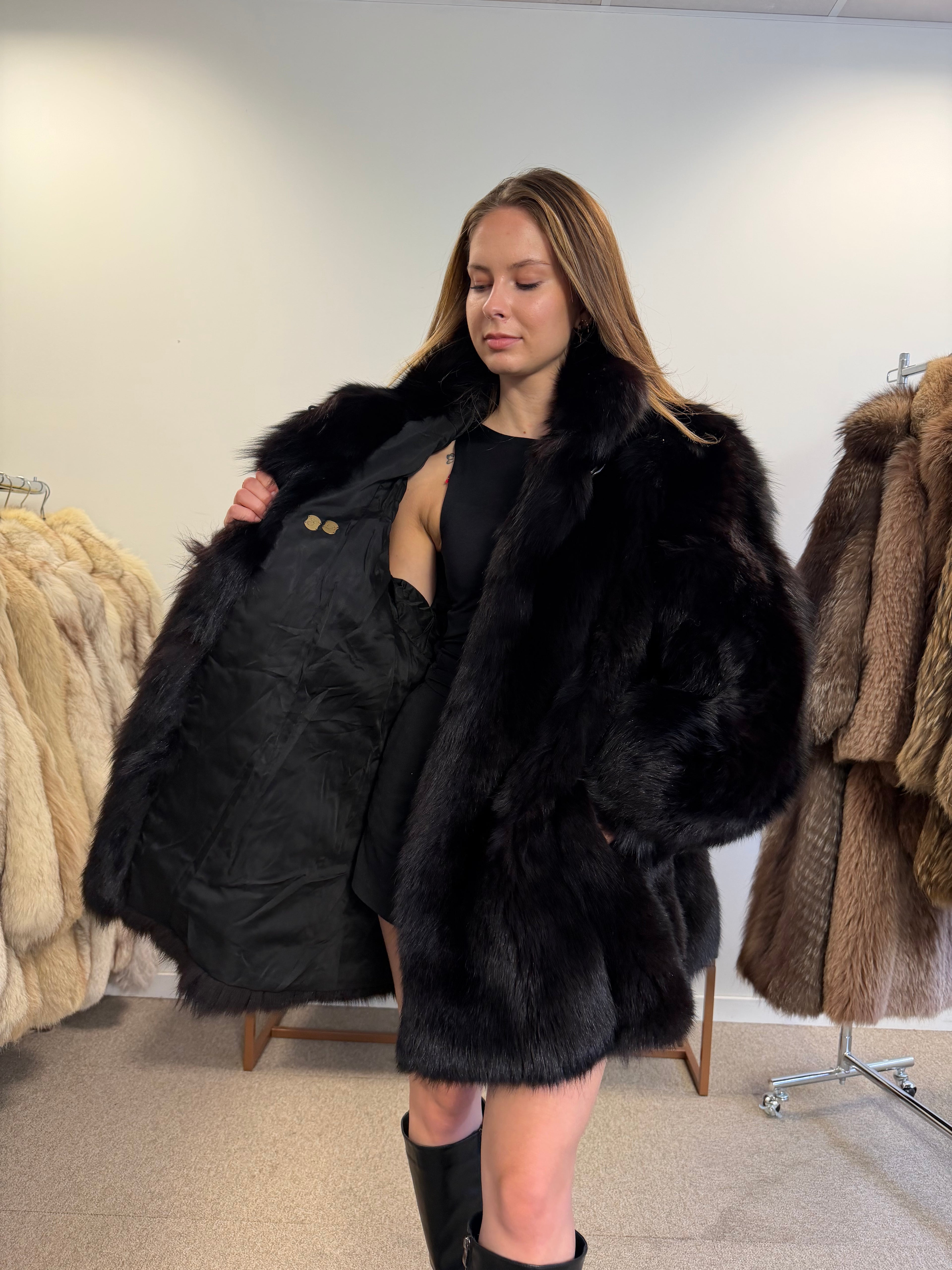 Fox Fur Coat, Black, Size L