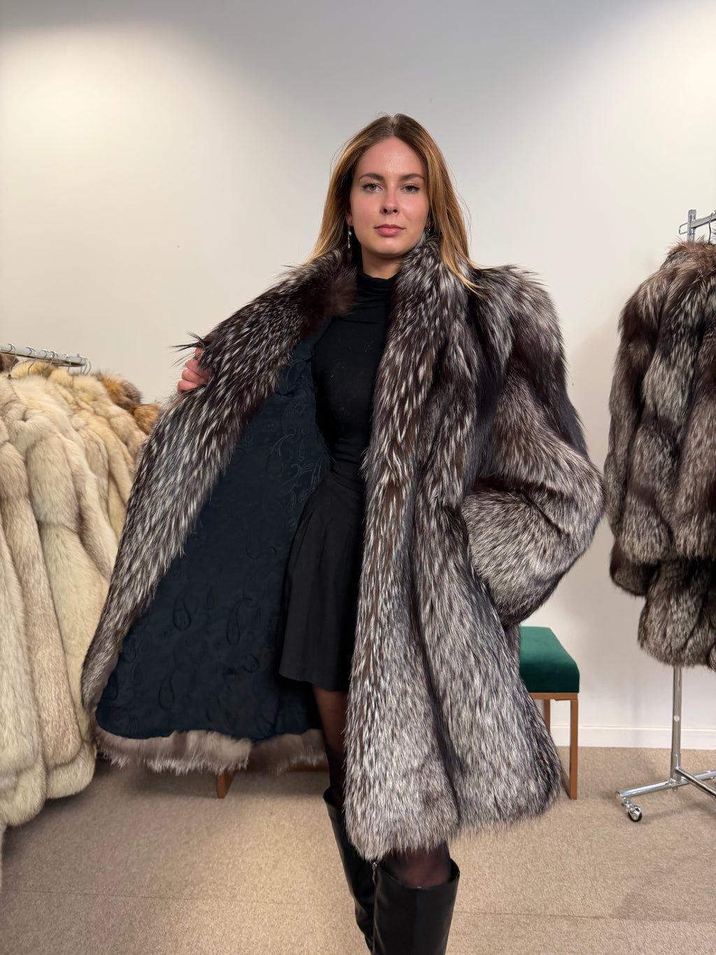 Silver Fox Real Fur Coat, Size XXL, Full Sweep Swing Coat