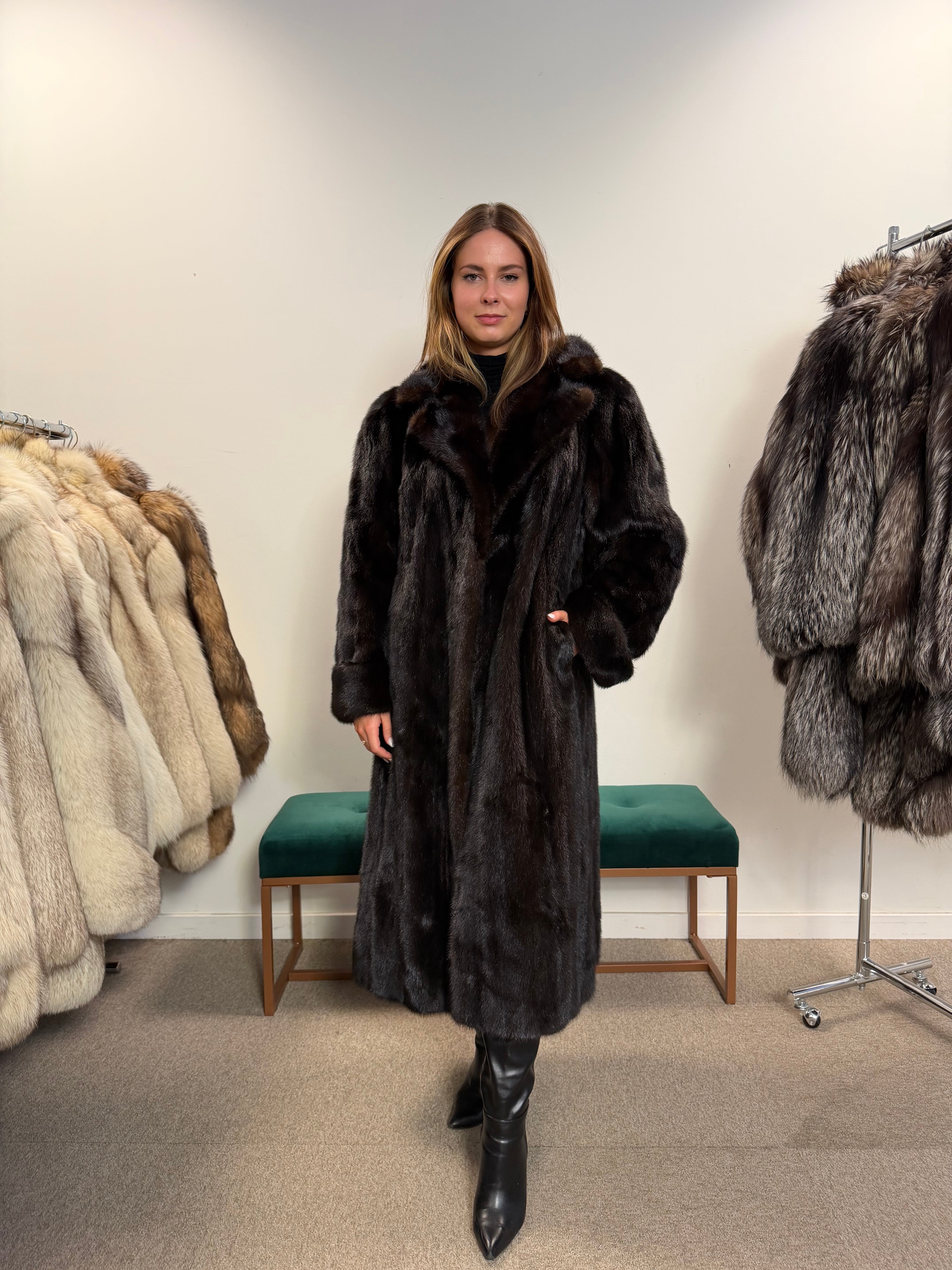 Mink Fur Coat, Dark Brown, Full Length, Size L