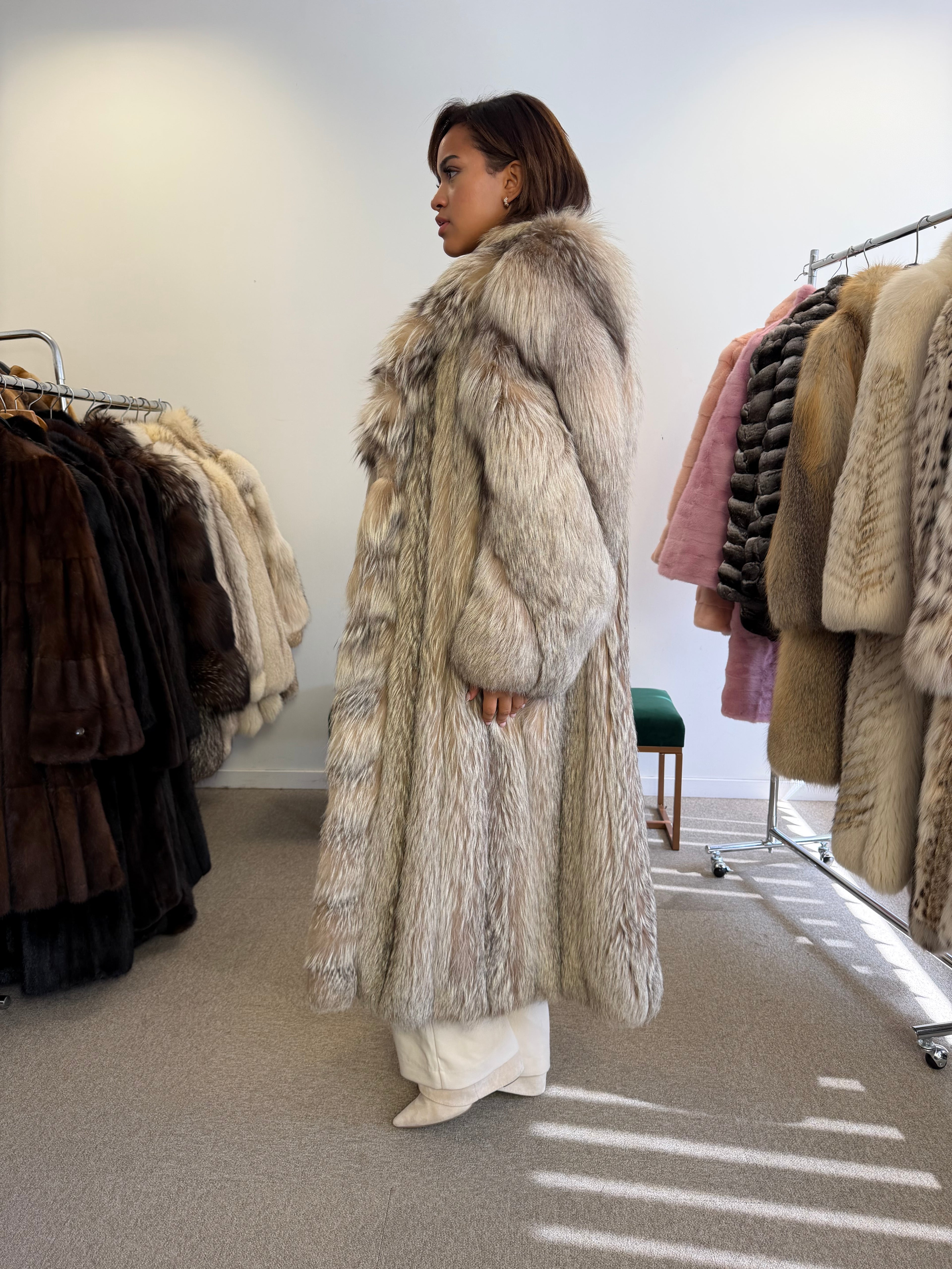 Silver Fox Fur Coat, Full Length, Size L