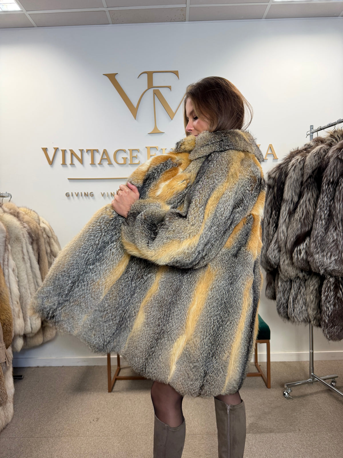 Grey Fox Fur Jacket, Medium, Golden Lining
