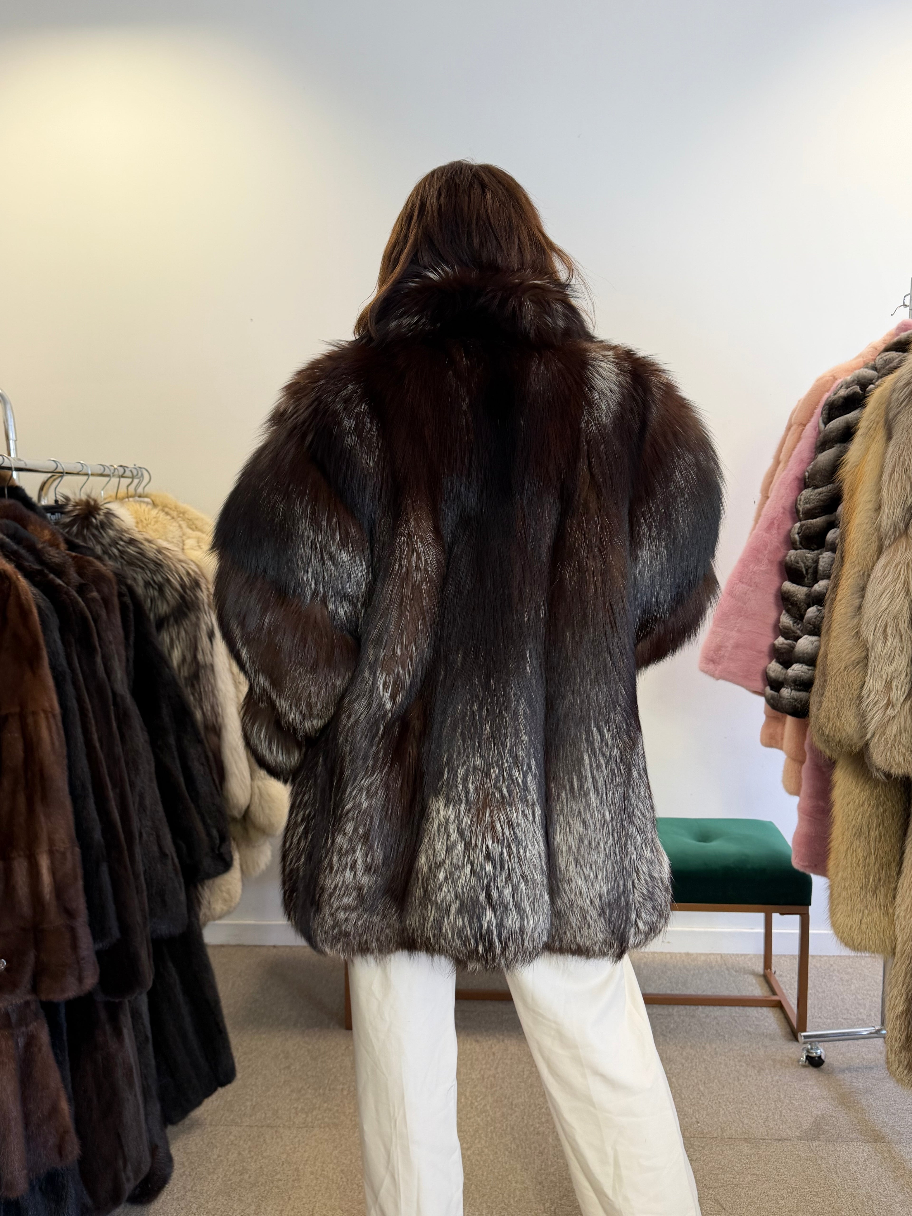 Silver Fox Fur Coat, Dark, Size XL