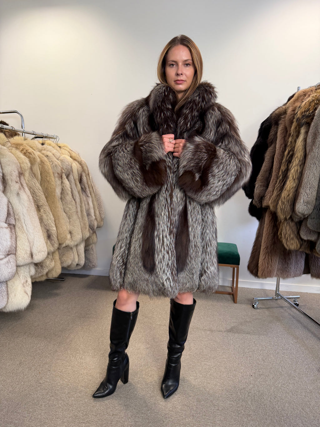 Real Silver Fox Fur Coat, Knee Length, Size L