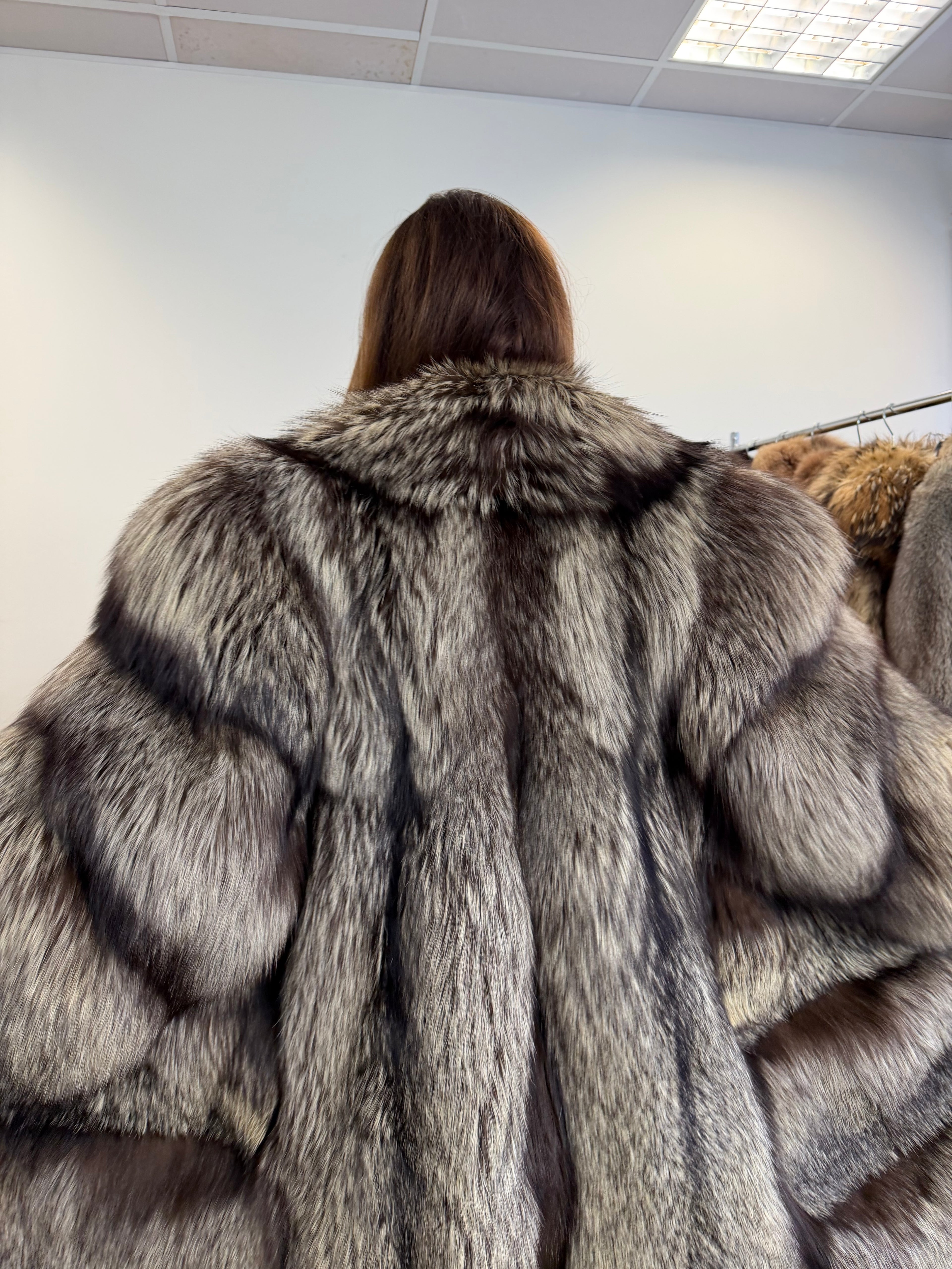 Real Silver Fox Fur Coat, Long Oversized, Size XL
