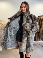 Silver Fox Fur Coat, Oversized, Size XL