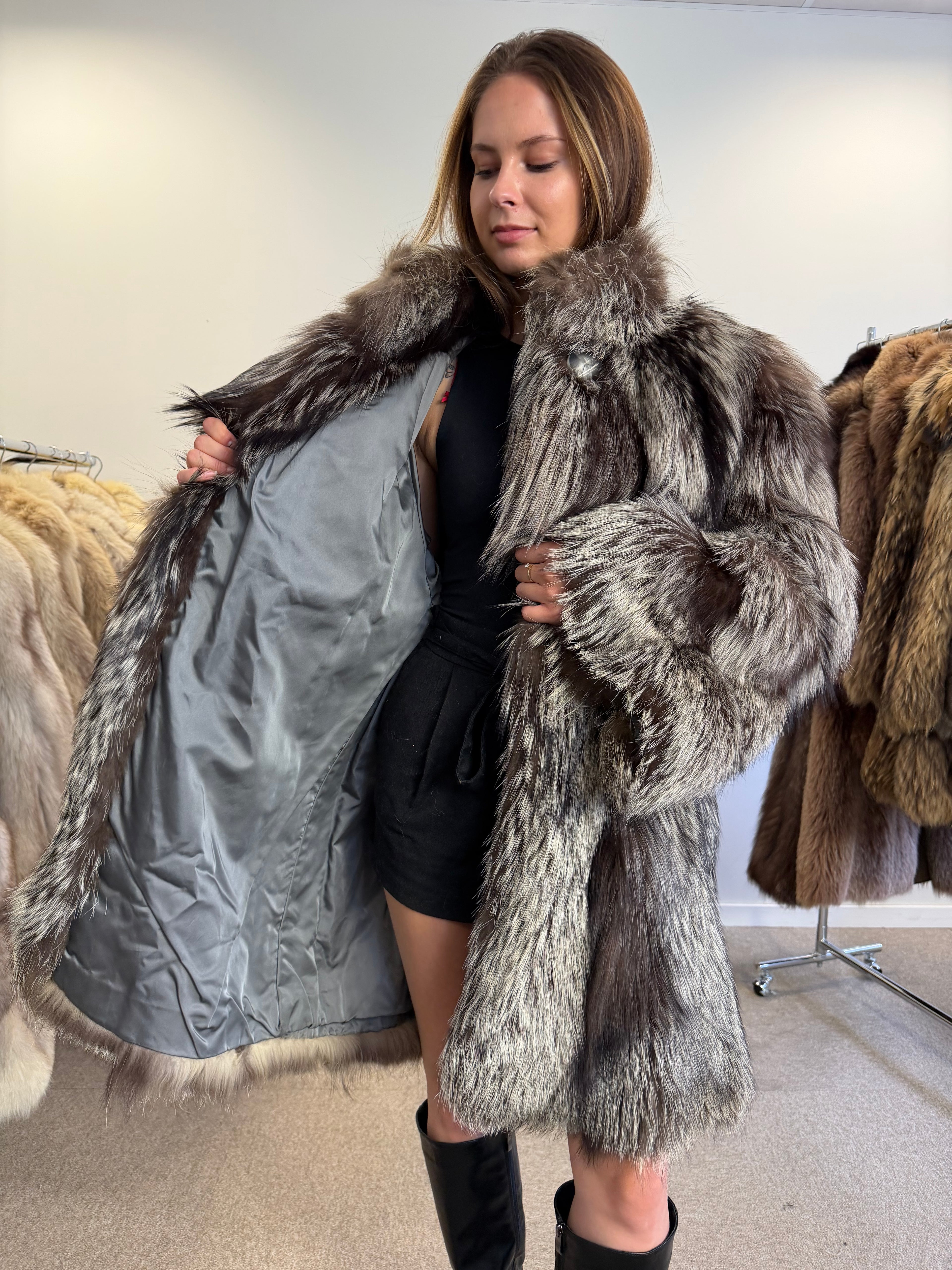 Real Silver Fox Fur Coat, Oversized, Size XL