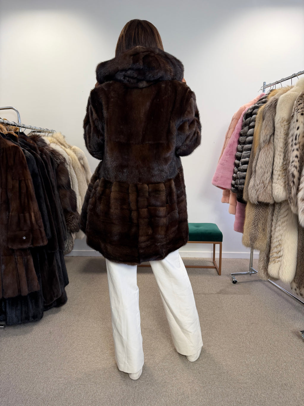 NEW Mink Fur Coat, Dark Hooded, XL