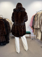 NEW Mink Fur Coat, Dark Hooded, XL