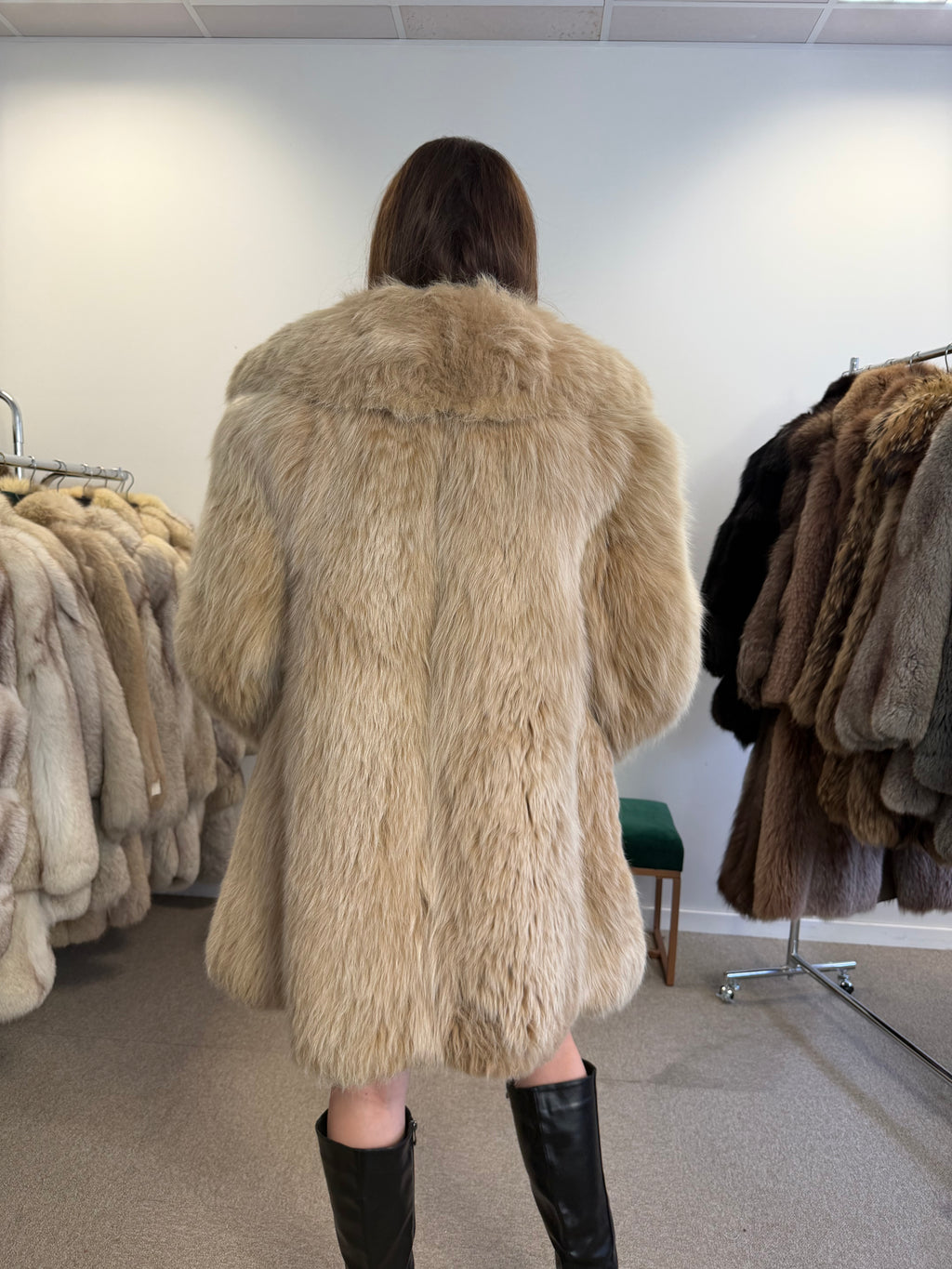 Fluffy Fox Fur Jacket, Beige Cream, Size M