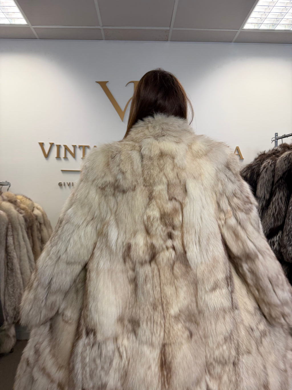 White Fox Fur Coat, Full Length, Pieced, Slim Medium