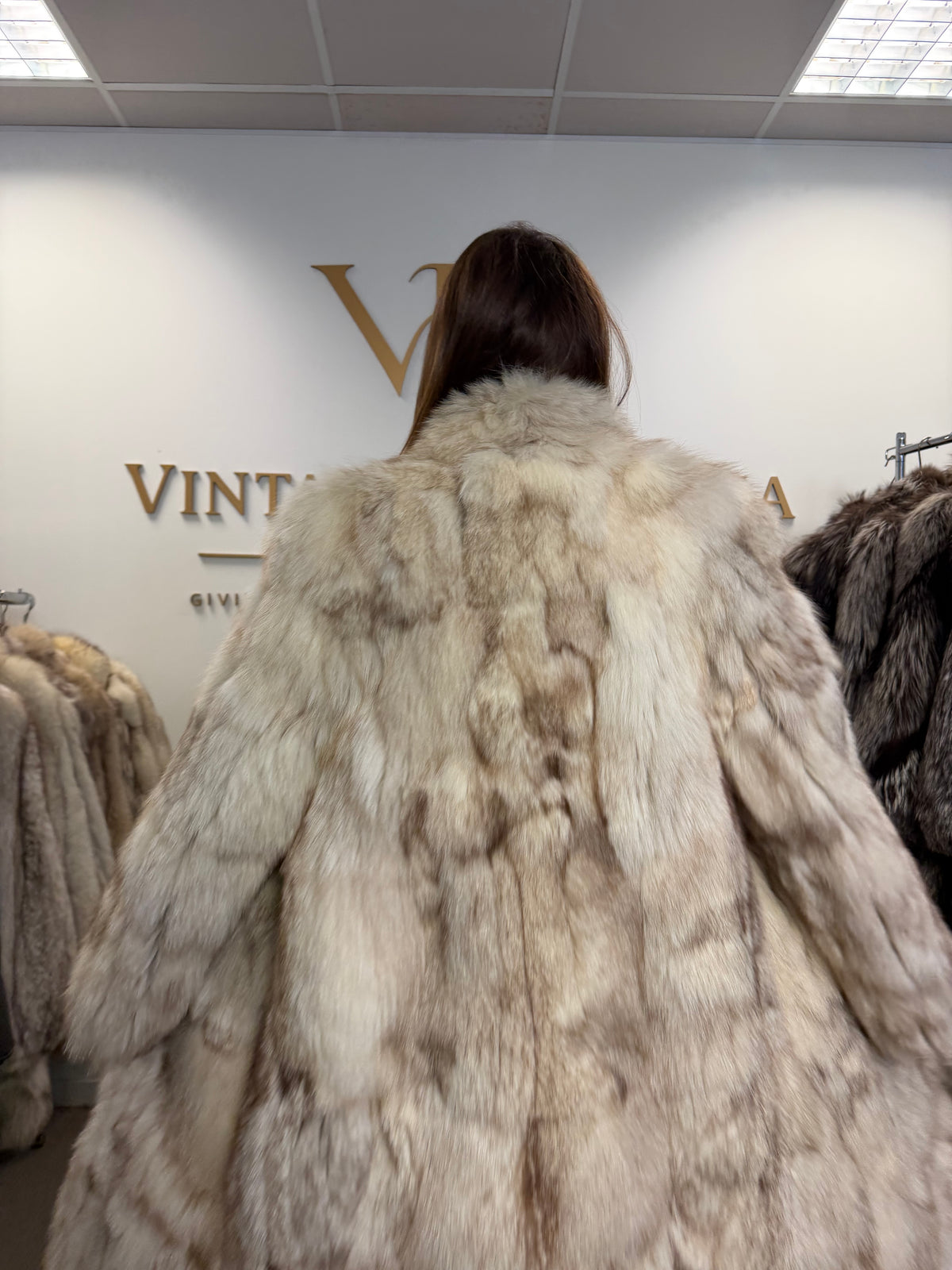 White Fox Fur Coat, Full Length, Pieced, Slim Medium
