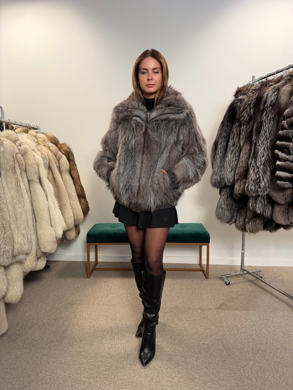 Opossum Fur Jacket, Hooded, Size M