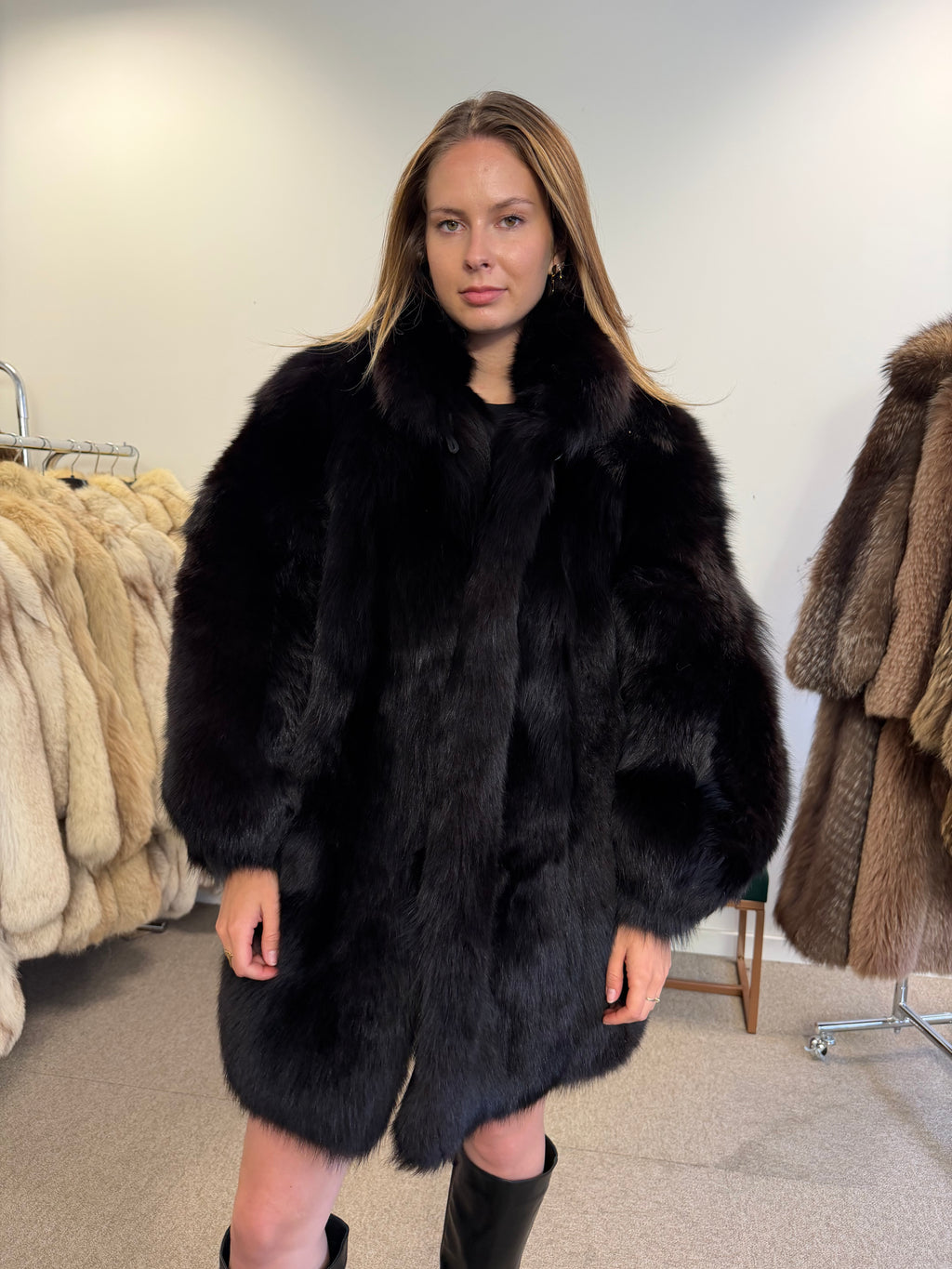Fox Fur Coat, Black, Size L
