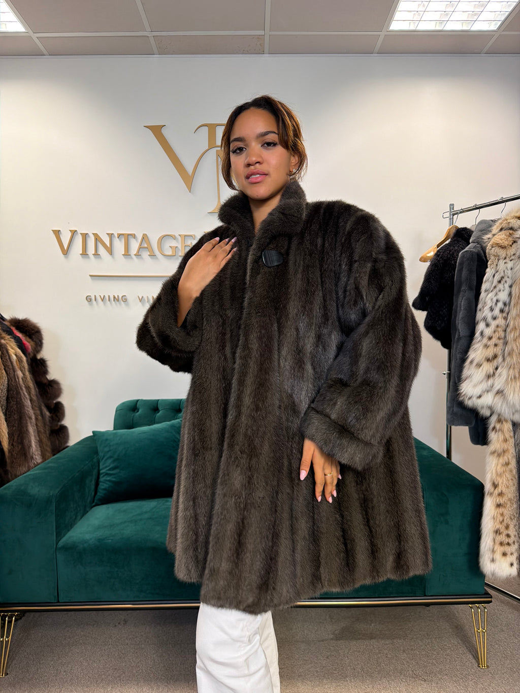 Dark Green Dyed Cross Mink Fur Jacket, 3XL, Oversize