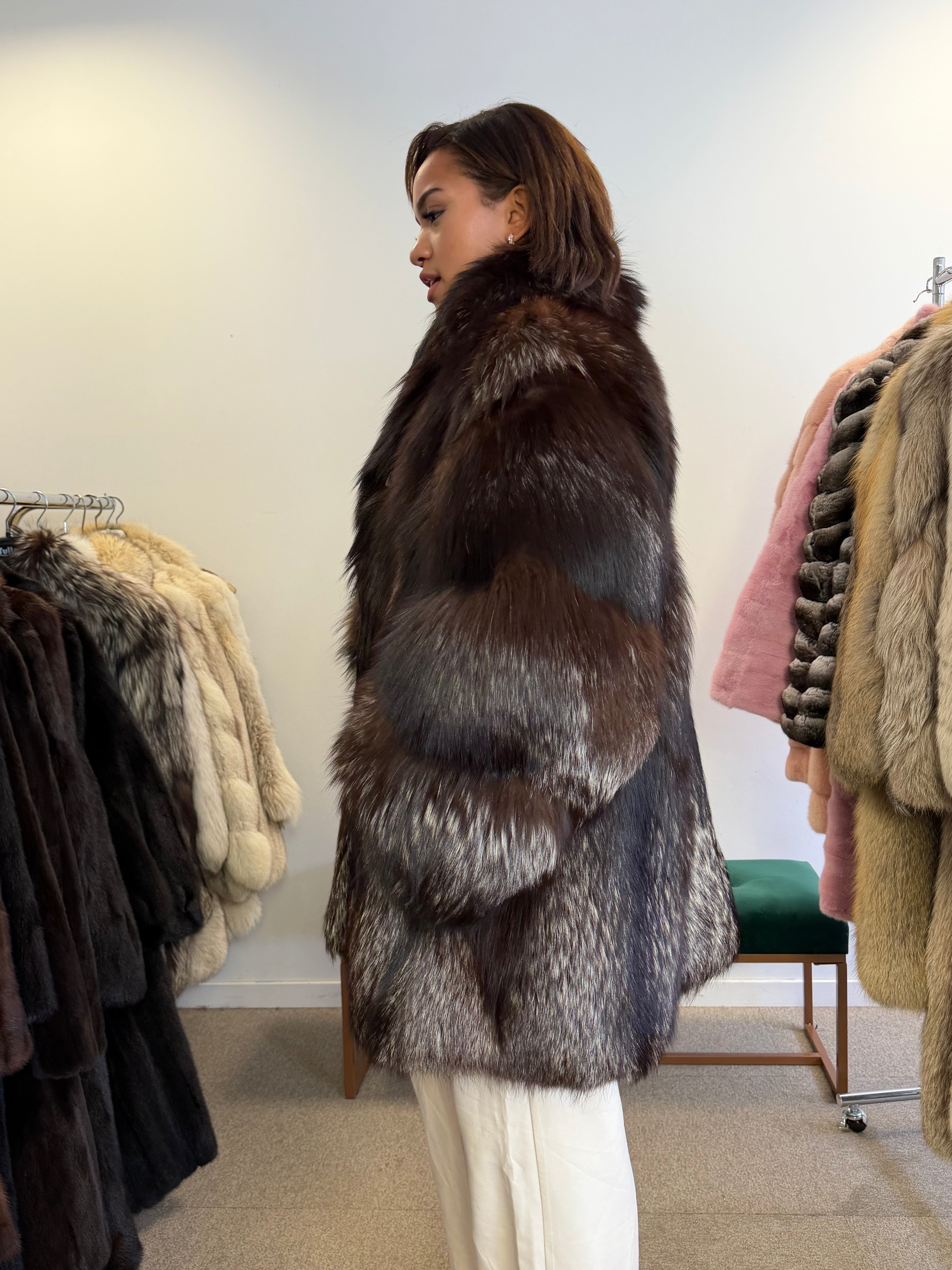 Silver Fox Fur Coat, Dark, Size XL