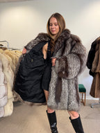 Silver Fox Fur Coat, Knee Length, Size L