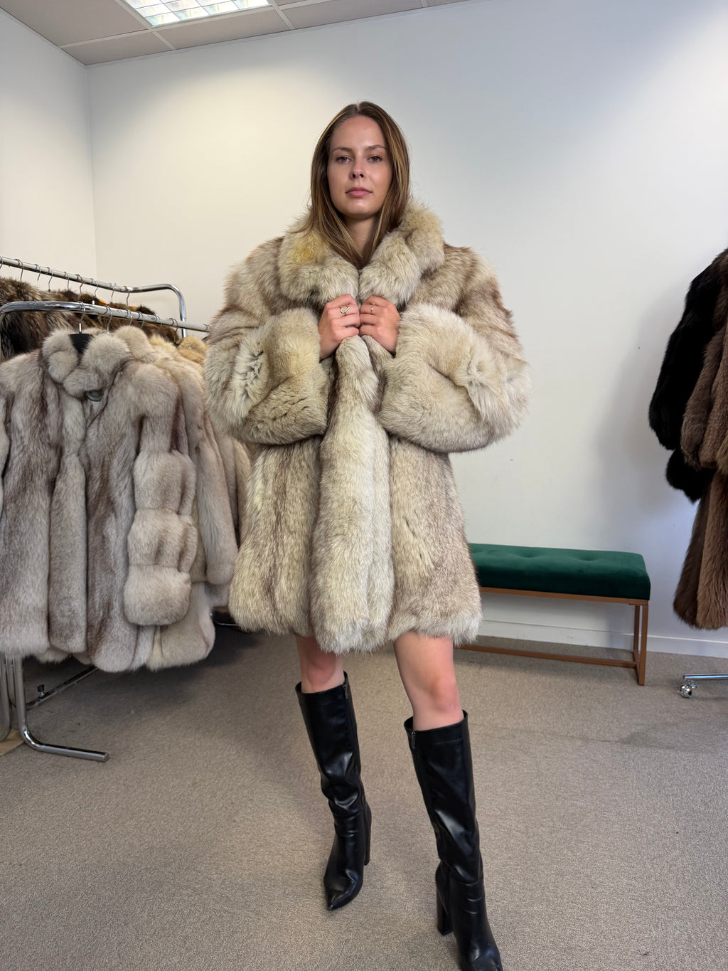 Fox Fur Coat, White, Size M