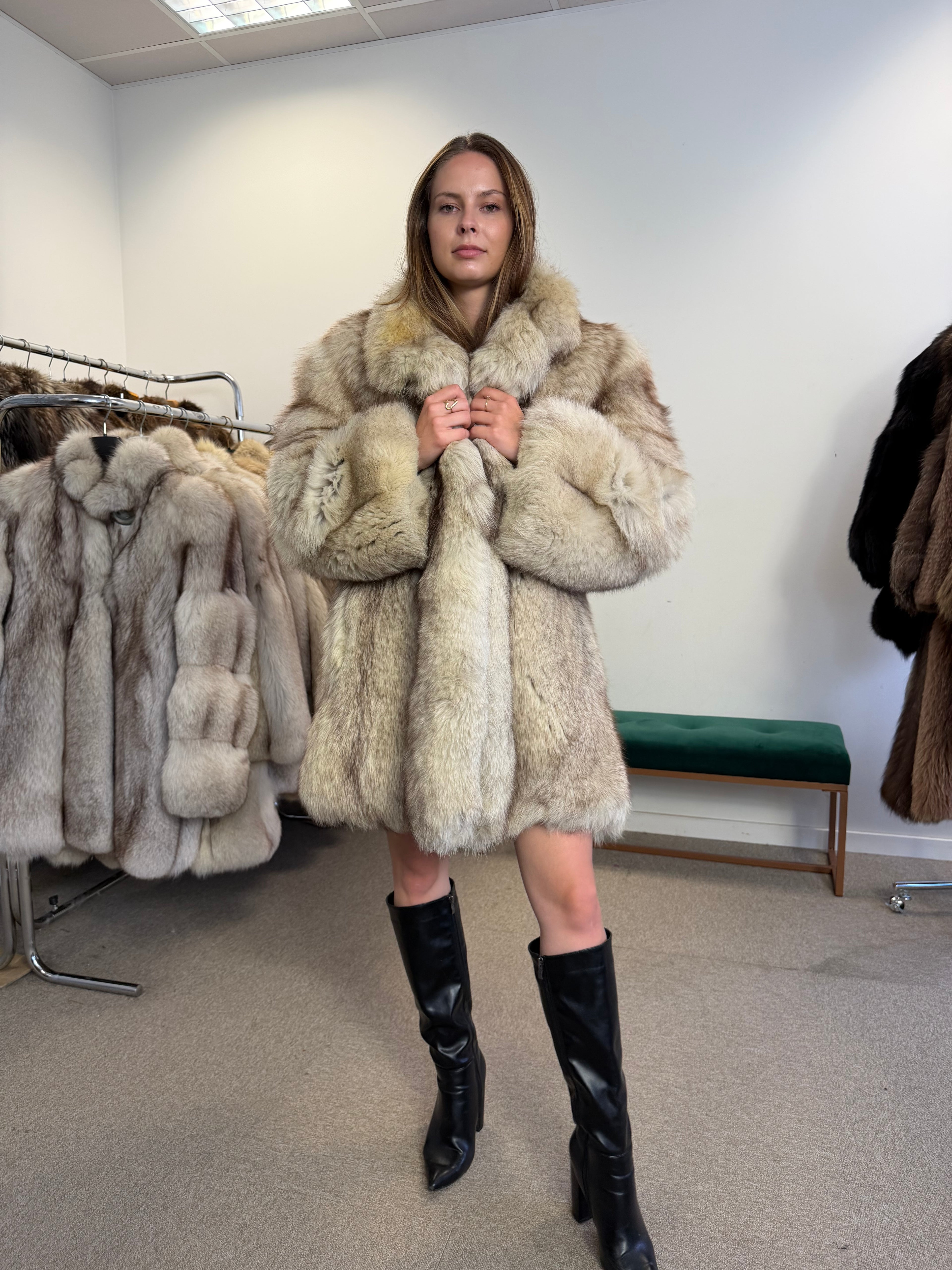 Fox Fur Coat, White, Size M